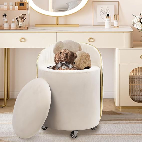 KLASIKA Round Storage Ottoman, Upholstered Velvet Vanity Stool with Lumbar Support, Swivel Rolling Wheels, Small Foot Stools Coffee Table Padded Seat for Makeup Room, Living Room, Bedroom (Beige)