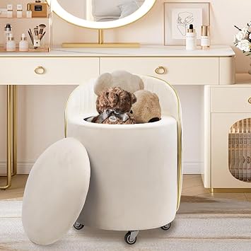 KLASIKA Round Storage Ottoman, Upholstered Velvet Vanity Stool with Lumbar Support, Swivel Rolling Wheels, Small Foot Stools Coffee Table Padded Seat for Makeup Room, Living Room, Bedroom (Beige)
