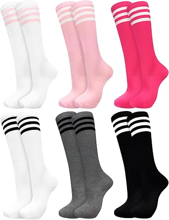 6 Pair Womens Knee High Striped Socks, Long Tube Thin High Athletic Socks Tall Stockings for Outdoor Sports, Roller Skating, Soccor Basketball Football Baseball