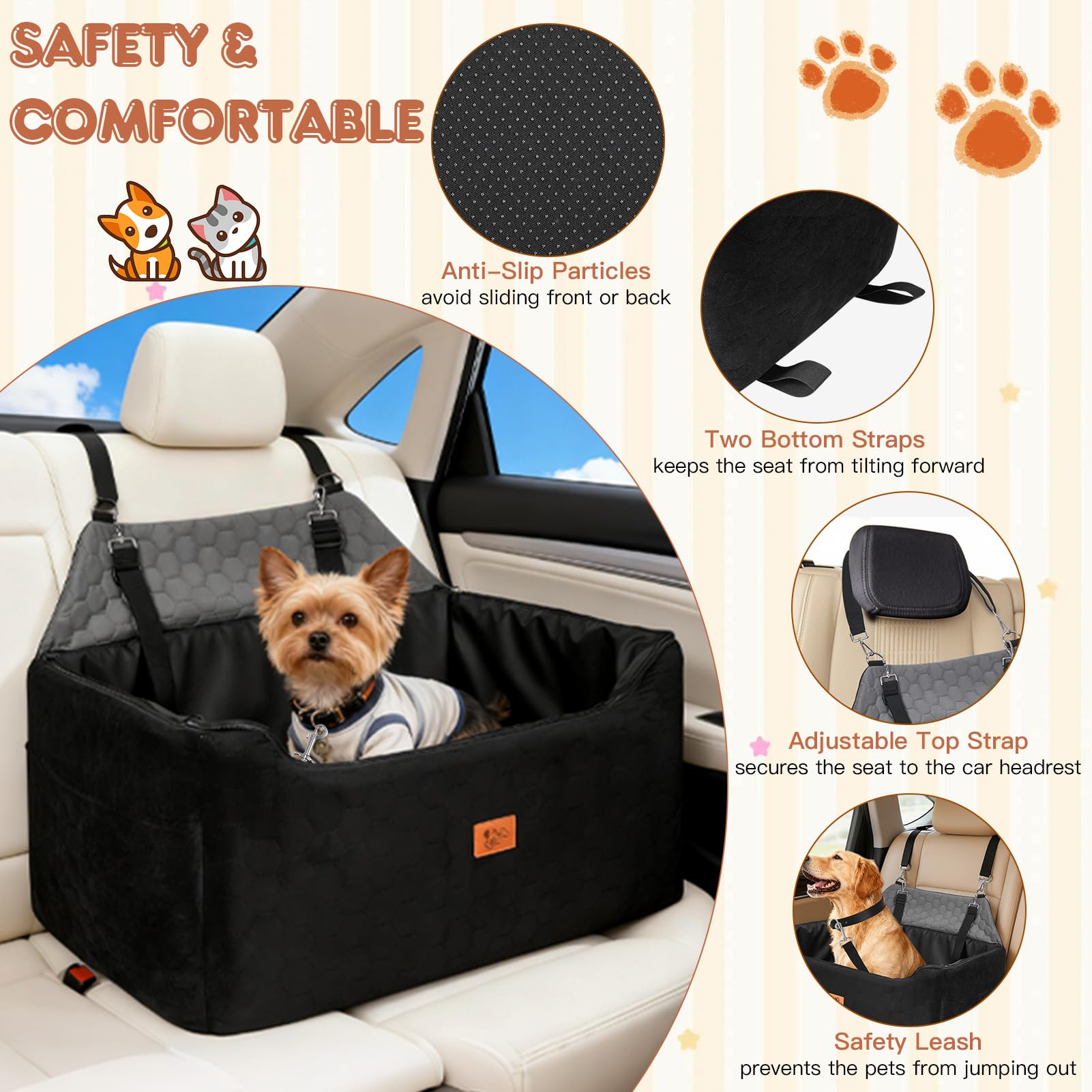 Asiento Perro Coche, Extra Estable Cama Perro Coche con Espuma Viscoelástica, Funda Lavable y Cinturón de Seguridad, Asiento Coche Perros Medianos y Grandes de hasta 55 kg, 78x55x53 cm - 5