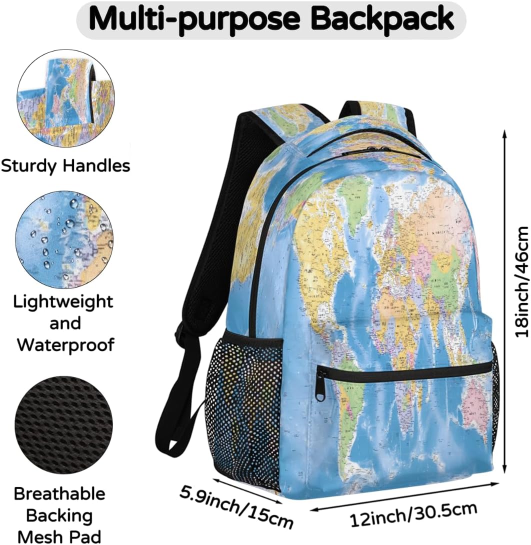 Backpacks Globe World Map School Bag Student Bookbag Adjustable Shoulder Bags Laptop Rucksack Travel Hiking Camping Daypack for Teens Girls Boys Women Men