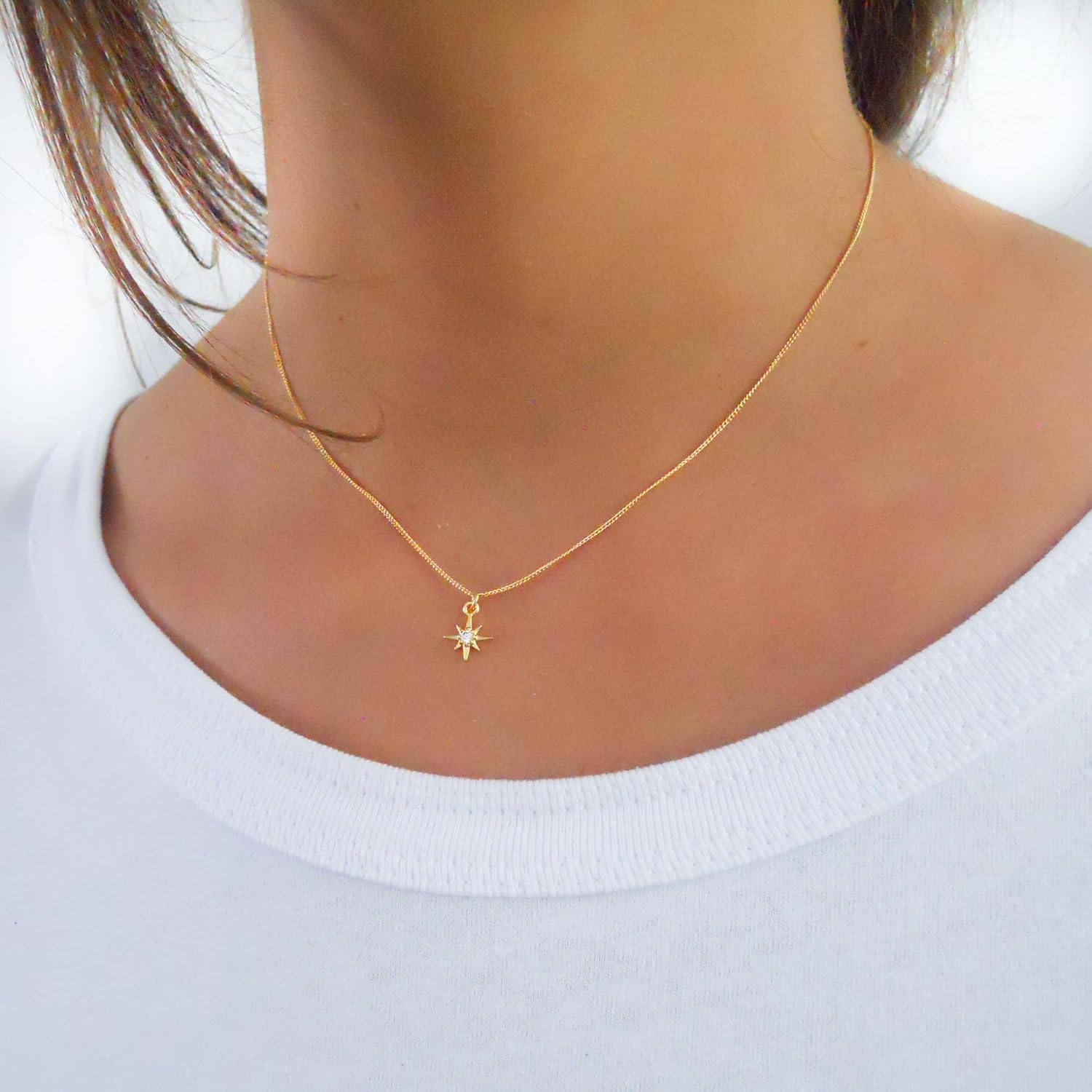 Annika Bella Sterling Silver Star Necklace for Women, Length 15-17 Inches, Tiny Cubic Zirconia North-Star Charm Pendant Necklace, Waterproof, Celestial Jewelry Gift for Her