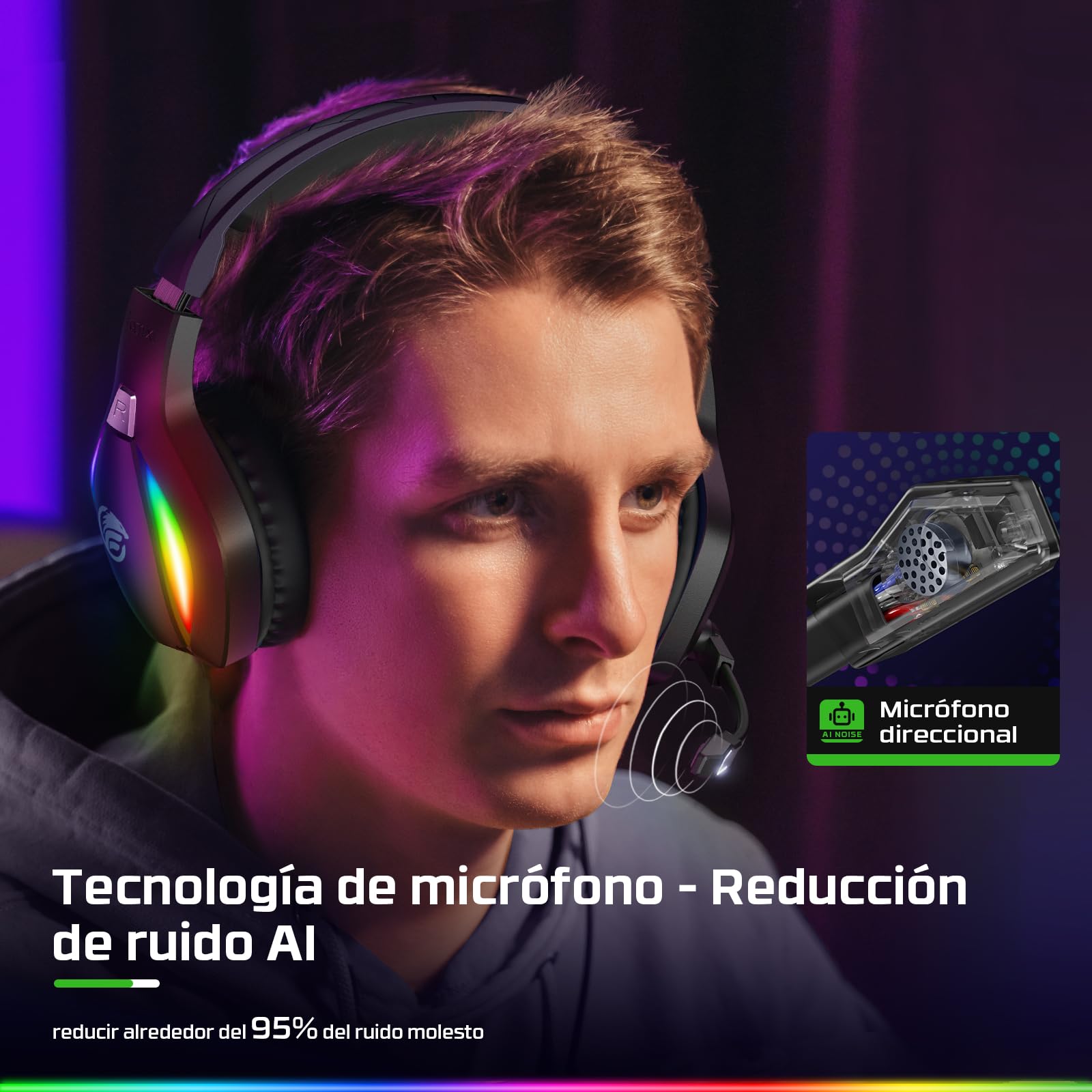 Fachixy FC100 Cascos Gaming para PS4, PS5, PC, Xbox One, Switch, Auriculares Gaming Cancelación de Ruido, Cascos con Microfono Estéreo Sonido, Cascos para PS4 con 3.5mm Jack con Luz RGB (Negro)