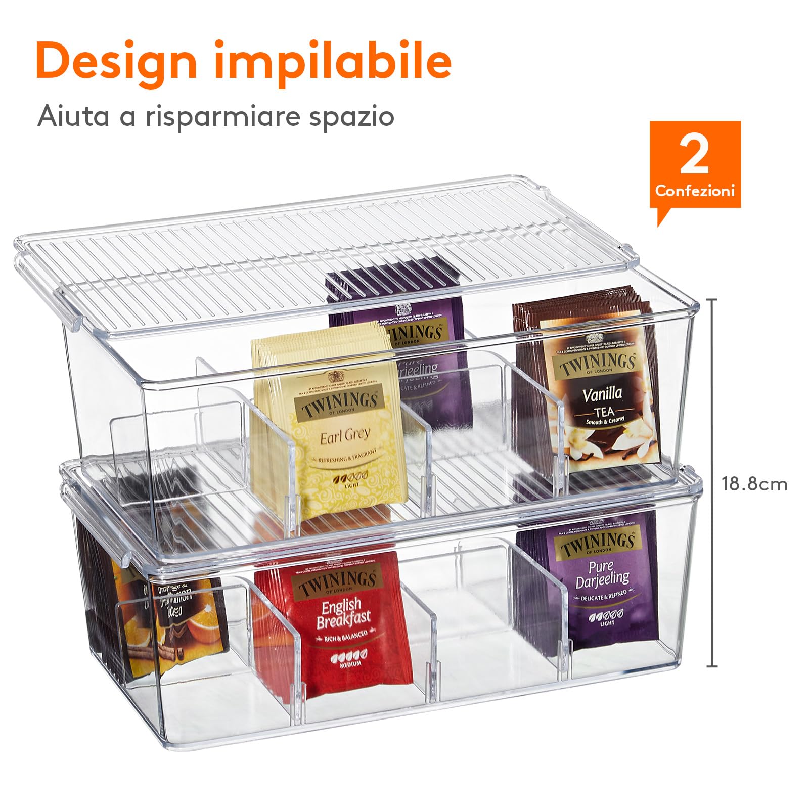 Lifewit Scatola da tè, Porta Tisane, Scatola Portaoggetti Plastica, Scatola da tè con 8 Scomparti, Porta Bustine The e Tisane, Scatola Spezie per Cucina, Cassetto, Trasparente, 2 Pezzi, 29cm(L)