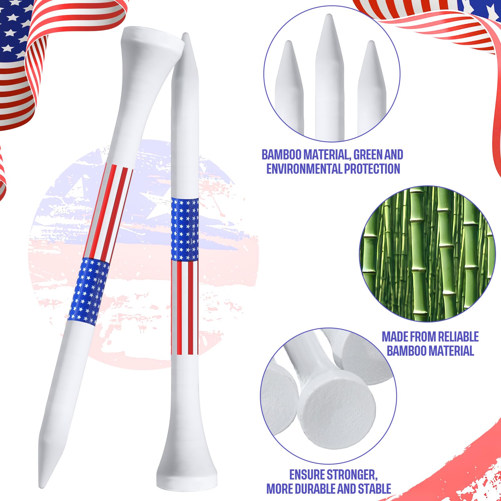 Mudder Golf-Tees aus Bambus, 8,9 cm, lang, patriotische Golf-Tees, USA, amerikanische Flagge, Golf-Tees, rot, weiß und blau, Golftees für Männer, Frauen, Kinder