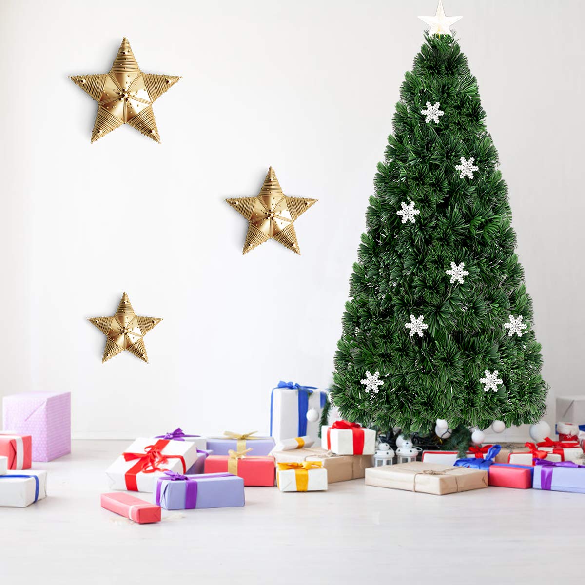 GOPLUS Árbol de Navidad Artificial de 180cm con Copos de Nieve | Árbol de Abeto con Fibra Óptica LED, Decoración Navideña y Soporte de Metal
