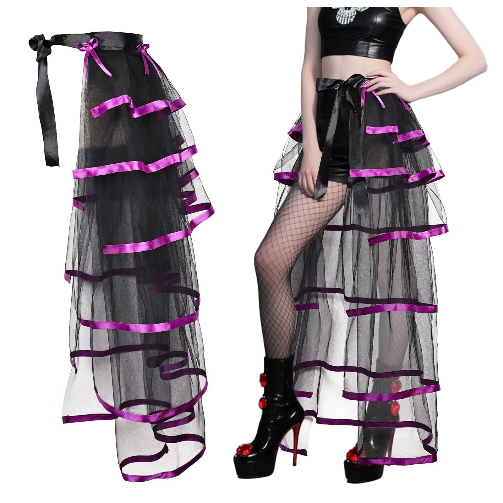 iHUFeather Steampunk Tie on Bustle Skirt Victorian Belt Tulle Tutu Costume Accessory for Women, Long-black+purple, Long-105cm โ image 1