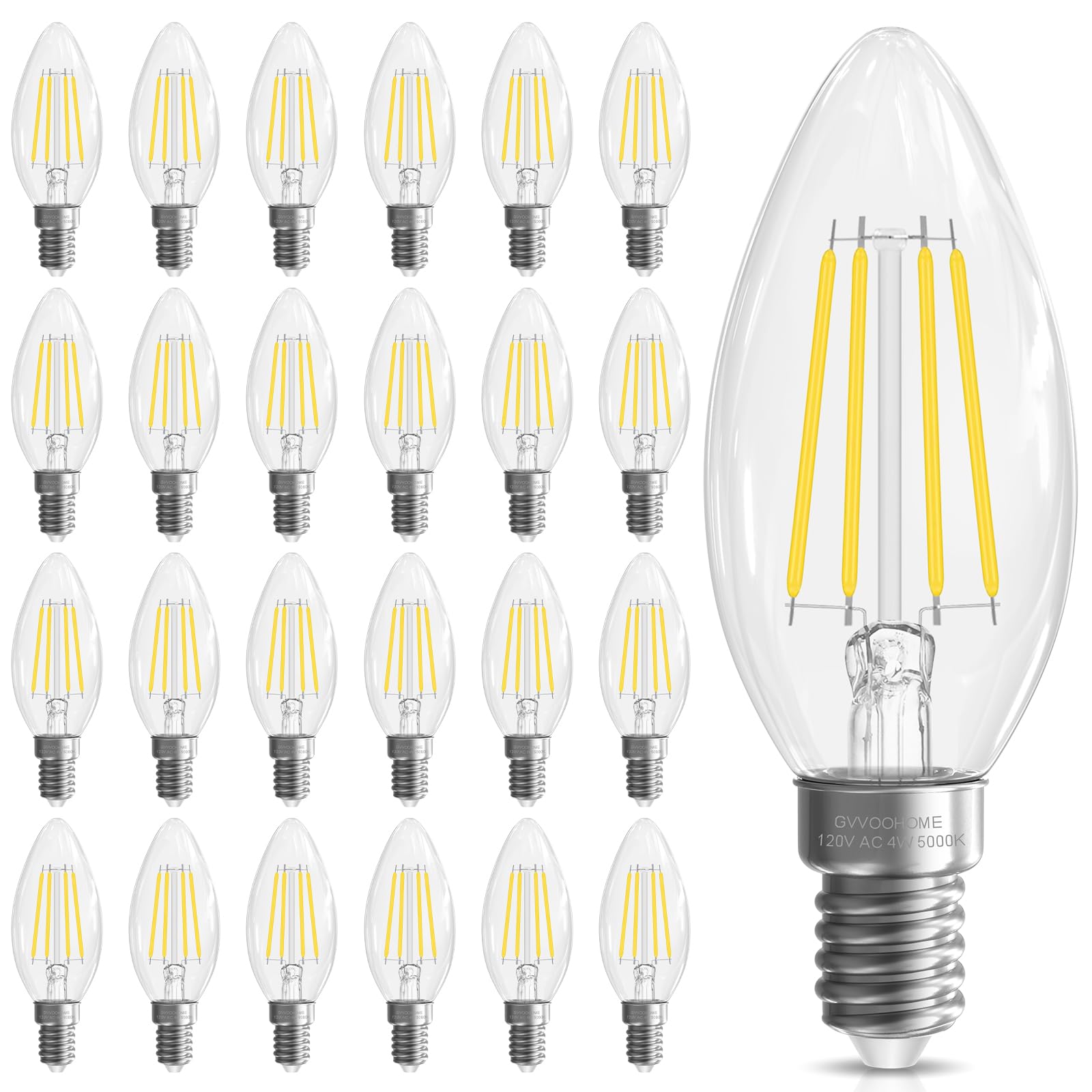 GvvooHome Candelabra Bulbs 40 Watt Equivalent, Chandelier Bulb Non Dimmable E12 LED Bulb, B10 LED Candle Bulb 5000K Daylight, 90+CRI, 400LM, Cear Glass, 24 Pack