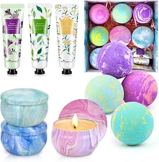 Bath Bombs for Women Gift Set, 4 Enriched Bath Bombs + 3 Soy Candles + 3 Luxe Hand Creams | Ultimate Spa Night In Gift Set, Recharge Rituals for Her, Self-Care Box for Moms Wives Besties