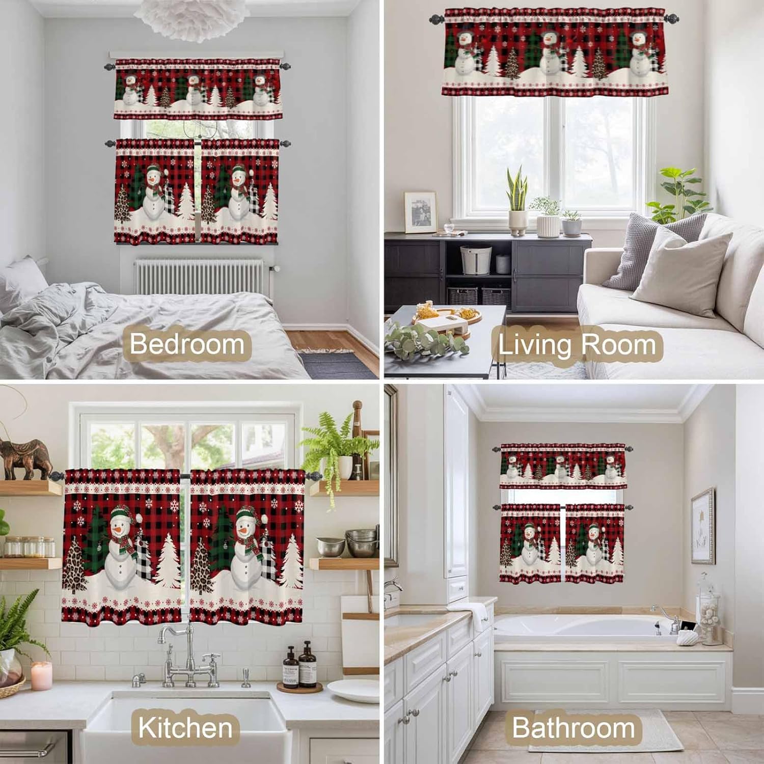 Christmas Snowman Valance and Tier Set of 3,Xmas Tree Window Curtain Rod Pocket Vlances for Kitchen,Retro Red Buffalo Plaid Privacy Panel Drapes Light Filtering Short Curtains for Bedroom