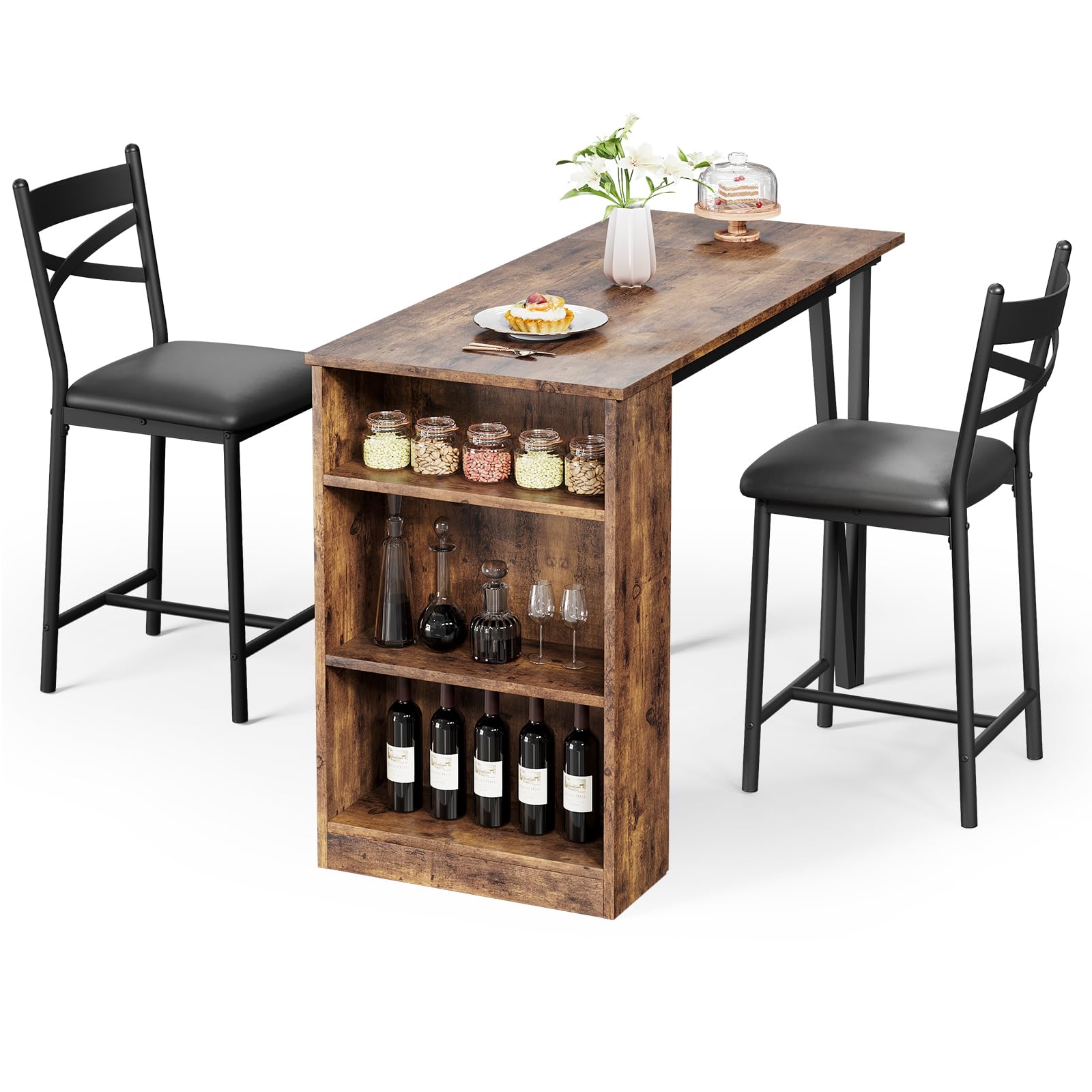 Kompakt und platzsparend, 3-teiliges Esszimmer-Set für 2 Personen – ausziehbarer Bartisch mit 3 Ablagen – 2 gepolsterte Hocker – ideal für Küche, kleine Räume, Wohnung – Stil