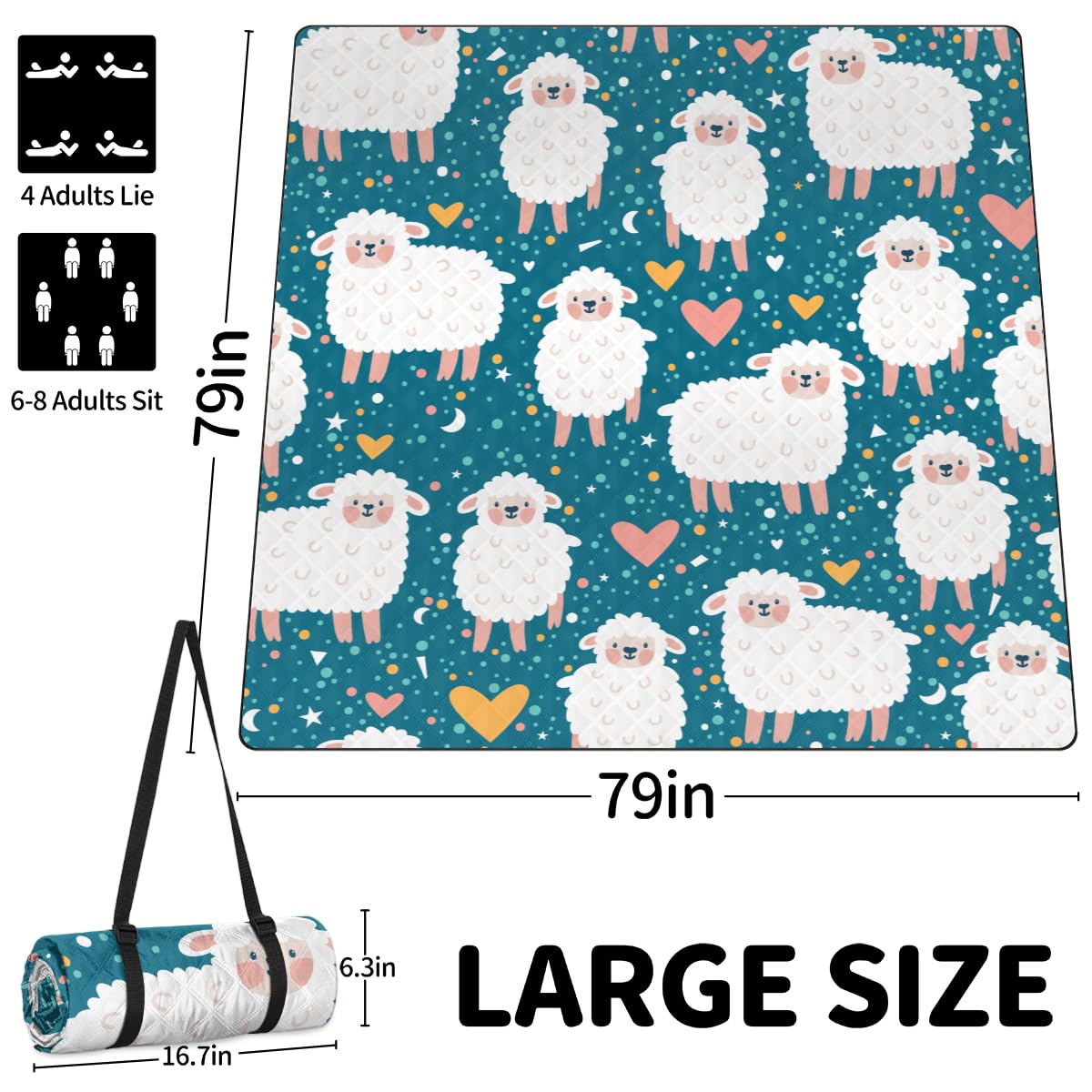 Shimoshe Extra Large Picnic Blankets 79”x 79”, Lovely Polka Dot Lamb Waterproof Foldable Picnic Mat with Straps Portable Beach Blanket for Camping Park Grass Beach Indoor