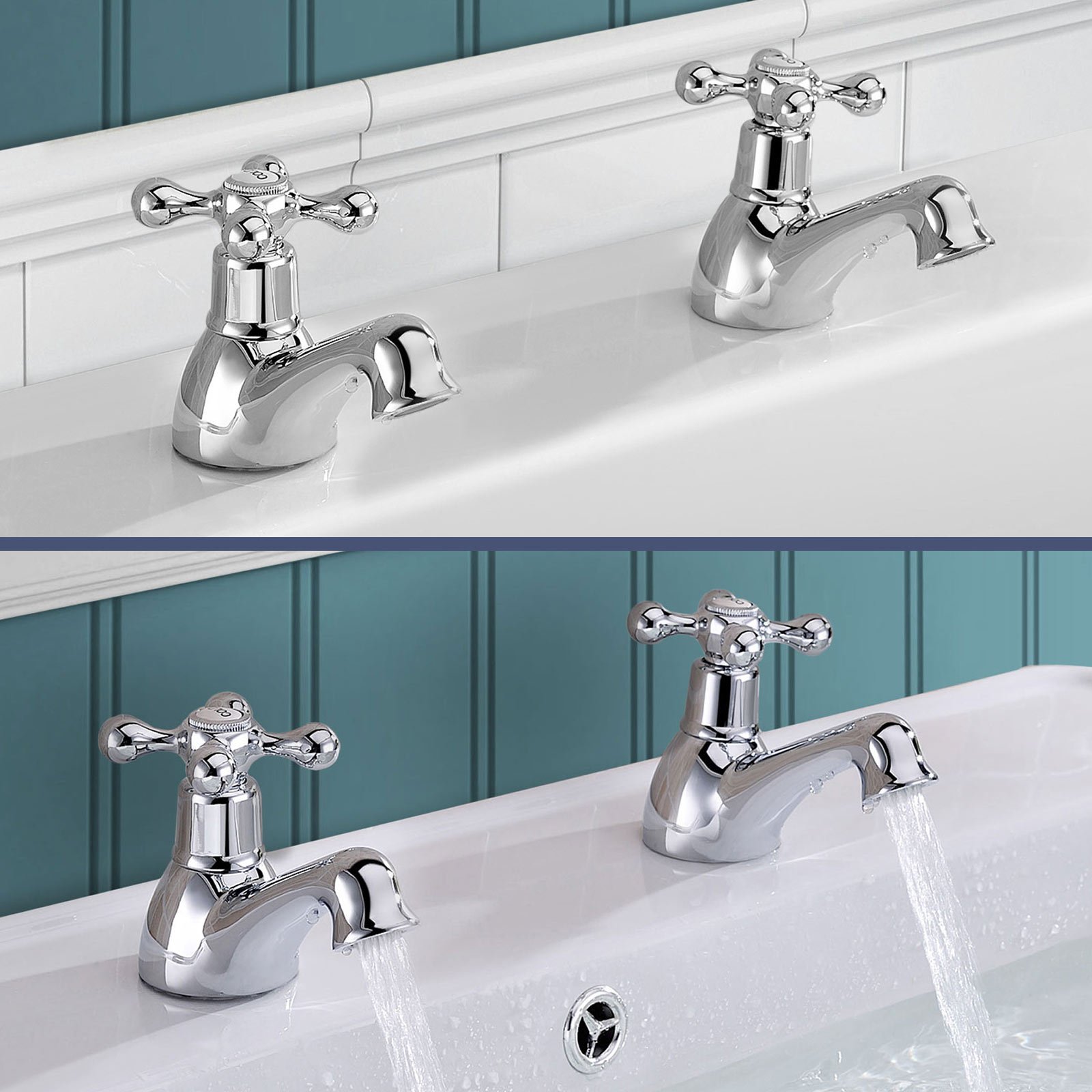 Nes Home | Victorian Hot & Cold Basin and Bath Taps Set Chrome Traditional Handle Bathroom Sink
