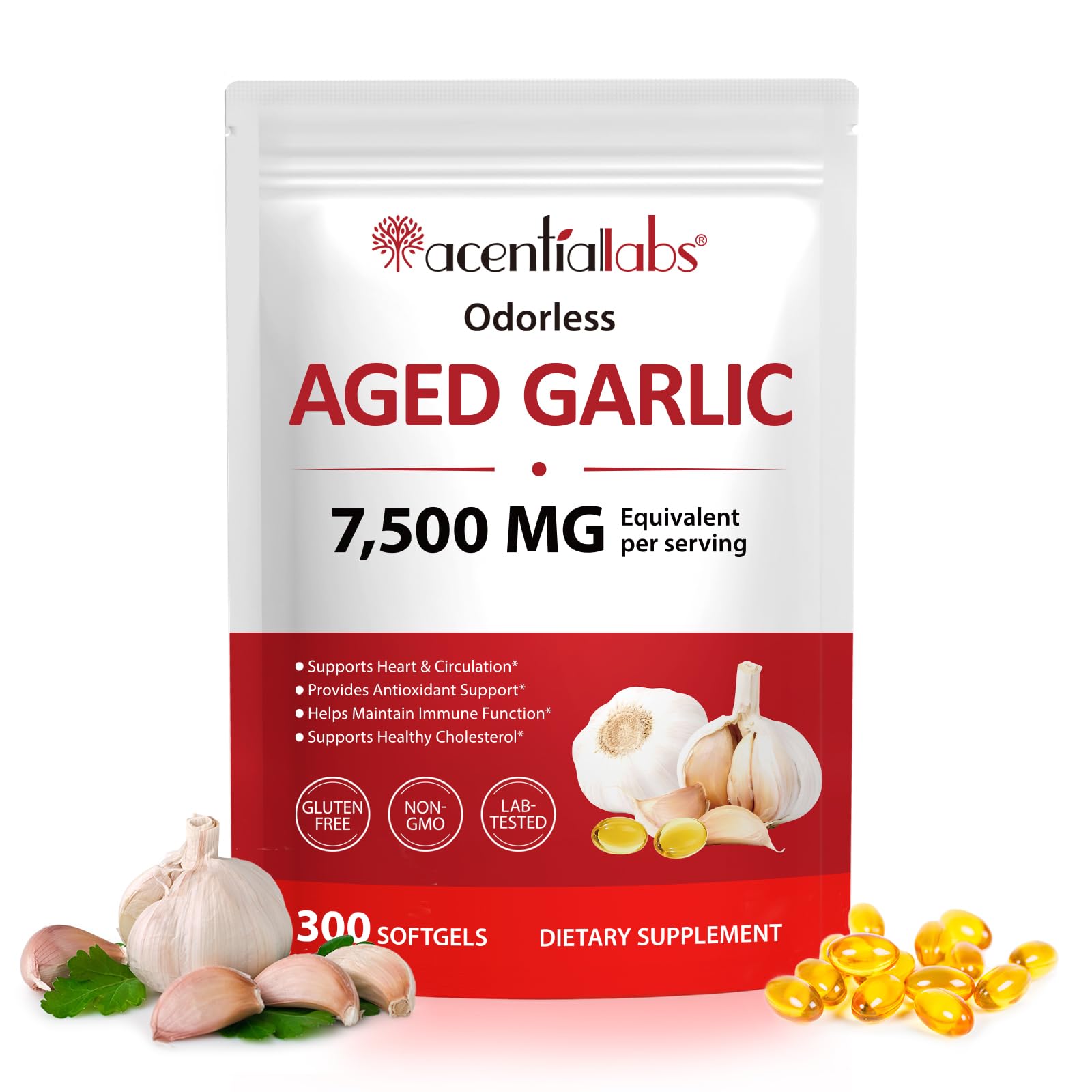 Aged Garlic Extract Capsules - 7500mg Odorless Garlic Supplements Supports Immune Health & Heart Function| 2 Years Matured | 300 Softgels