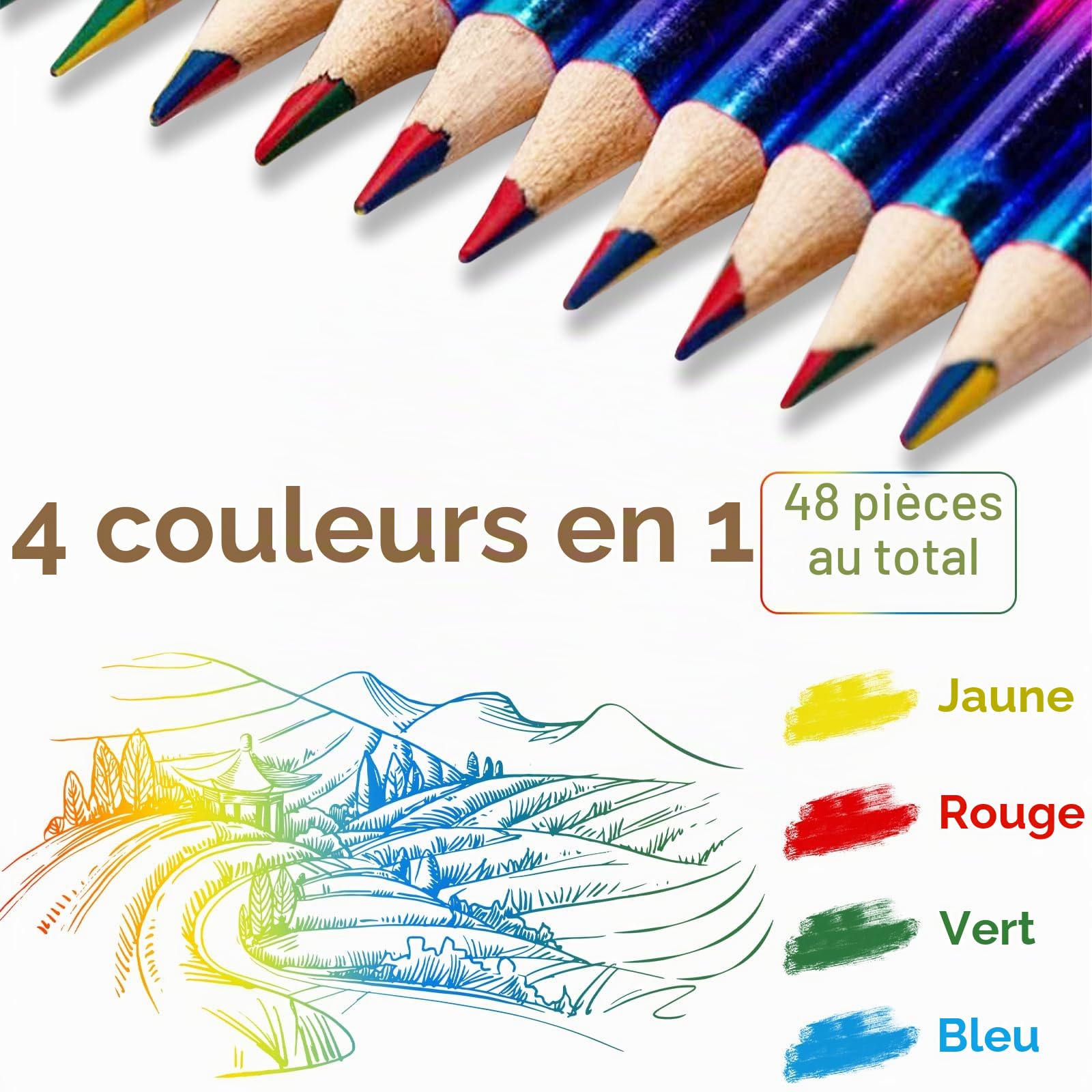 48 Crayons De Couleur Arc-en-ciel 4 En 1 – Crayons 4 Couleurs (jaune, Bleu, Rouge, Vert) Pour Enfants, Dessin Et Coloriage