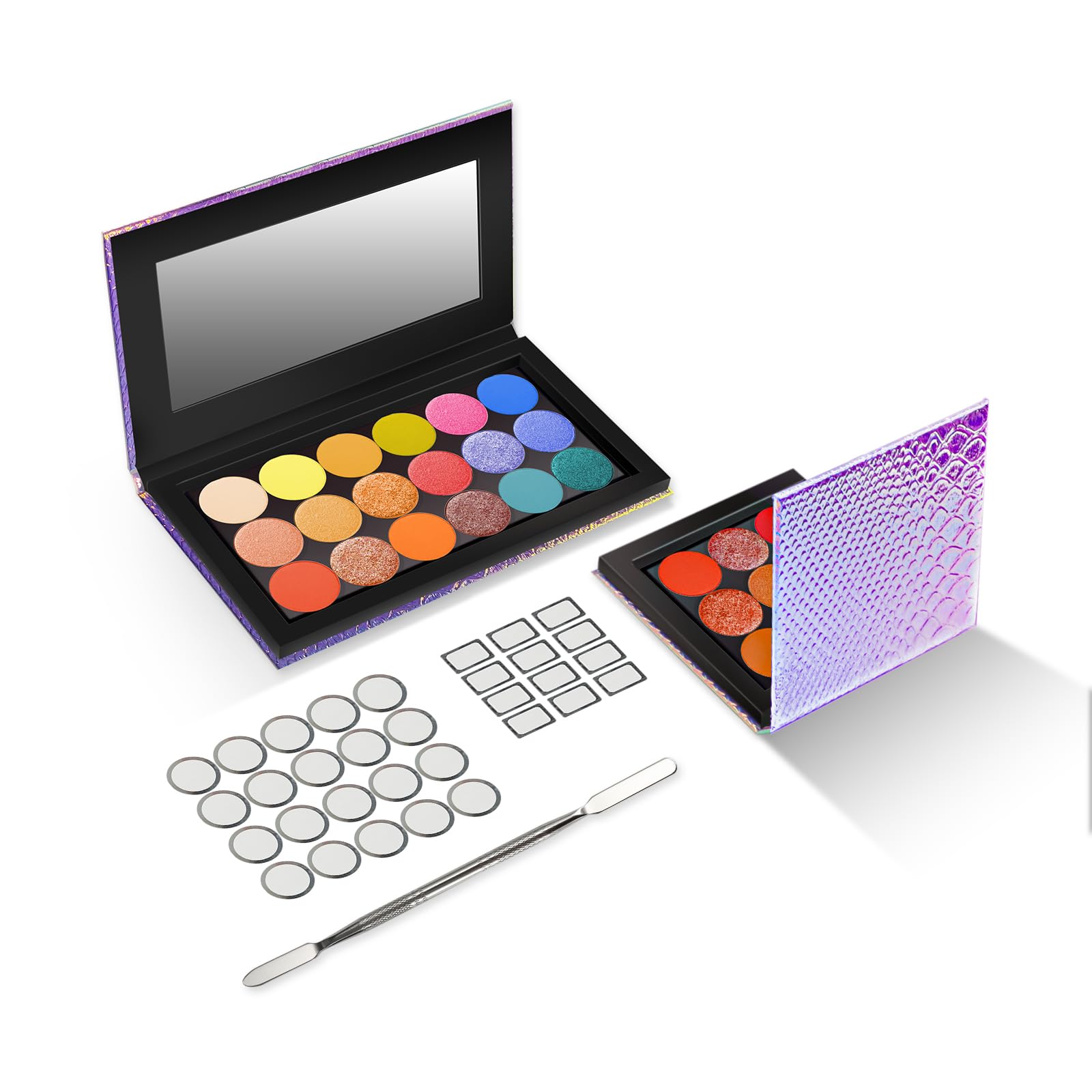 2 Packs Magnetic Makeup Palette Empty with Spatula and Metal Stickers, 18-pan and 9-pan Empty Eyeshadow Palette for Travel, DIY(Fish Scales)