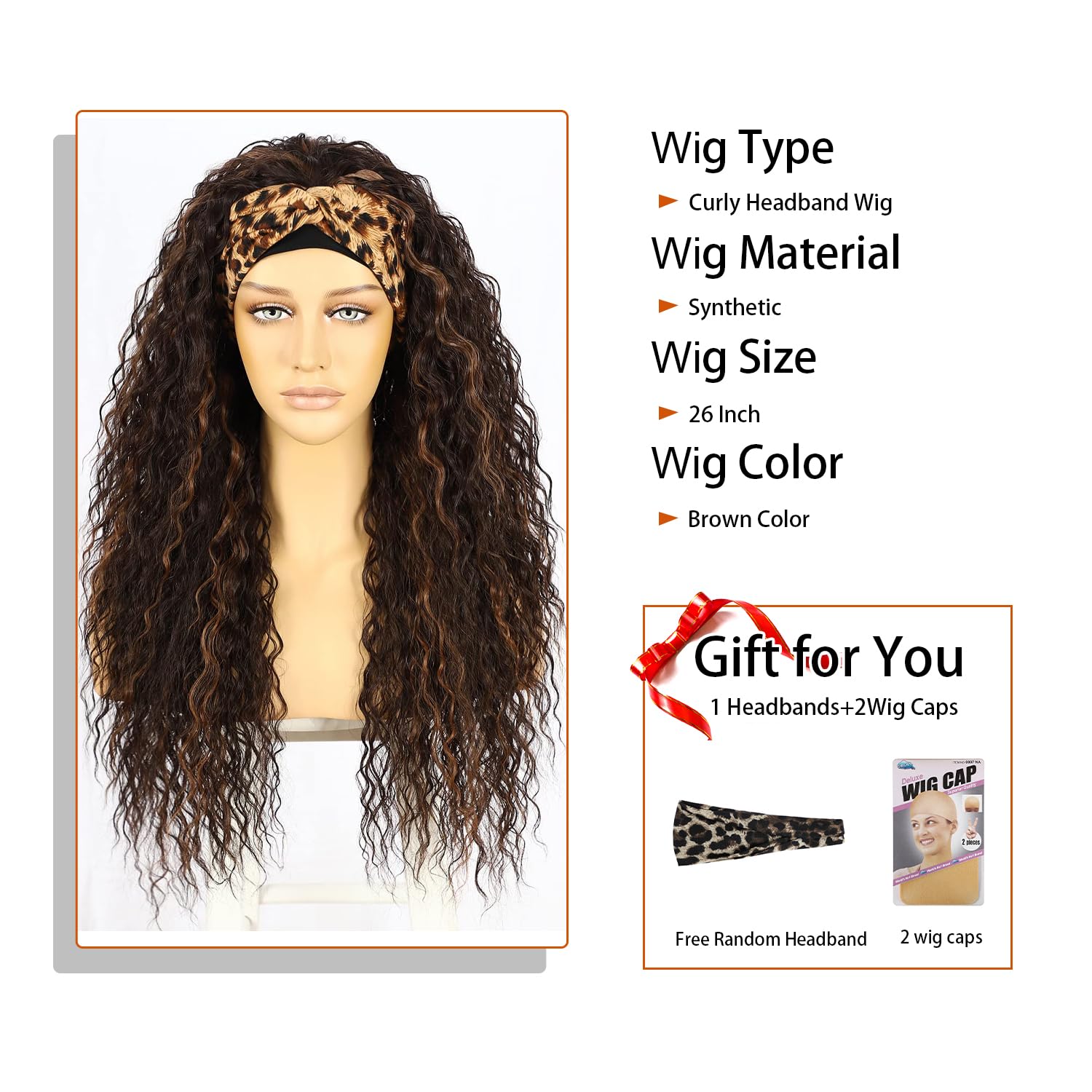 SOMIARIK Glueless Headband Wigs for Black Women Natural Hairline Synthetic Brown Loose Curly None Lace Front Glueless Wigs for Black Women Machine Made Wig Wavy pre plucked 26 Inch - Image 3