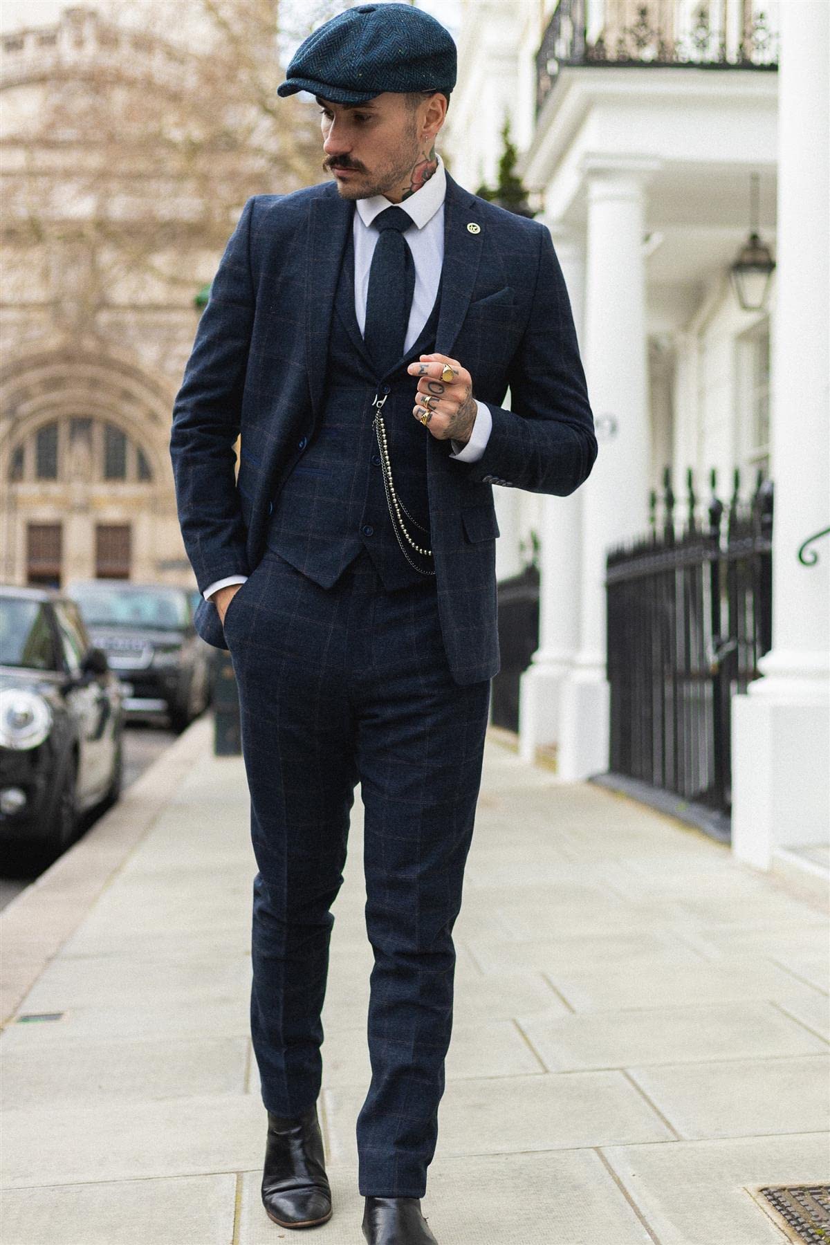 TruClothing.com Herren 3 Teilig Anzug Wolle Tweed Marineblau Braun Karo Formelle 1920s Gatsby