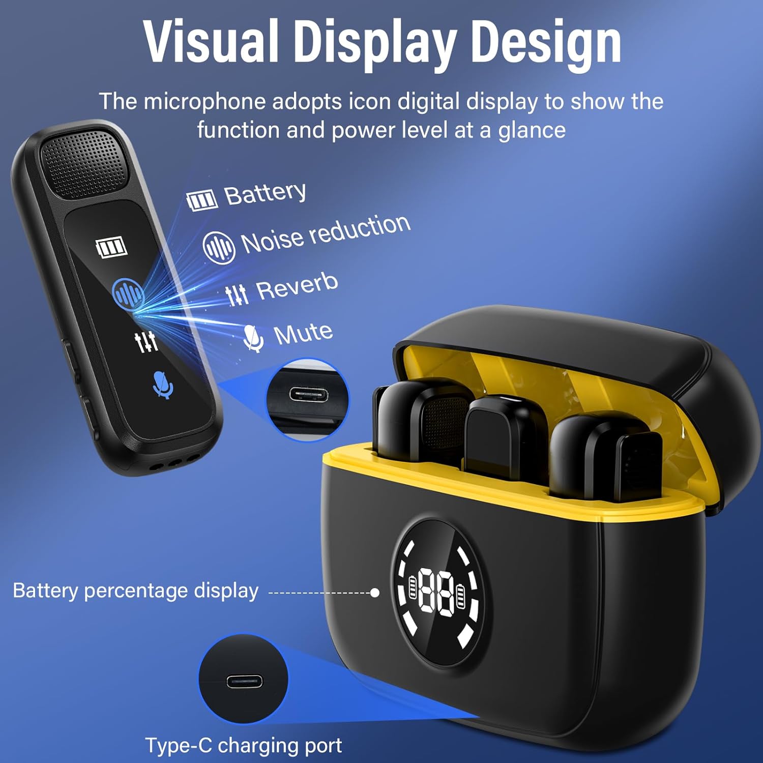 3 in 1 Wireless Lavalier Microphone for Android/Tablets/PC Intelligent Noise Cancelling with Charging Case Dual Microphones 20 H Battery Life, Mini Microphone for Video Recording Podcast-Black