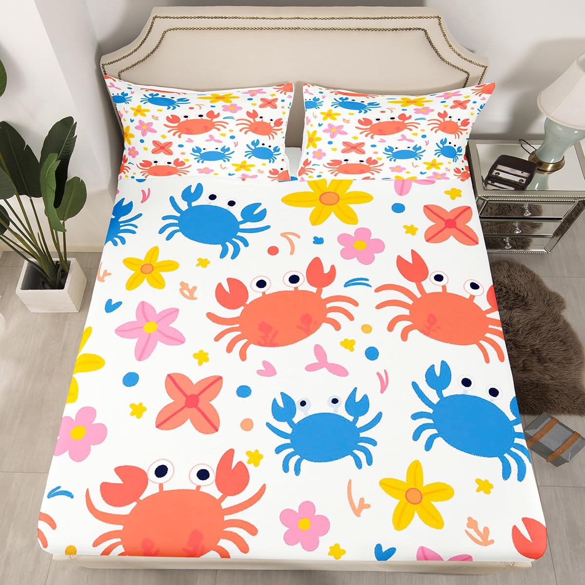 Drap-housse crabe lit simple motif animaux de mer océan adulte