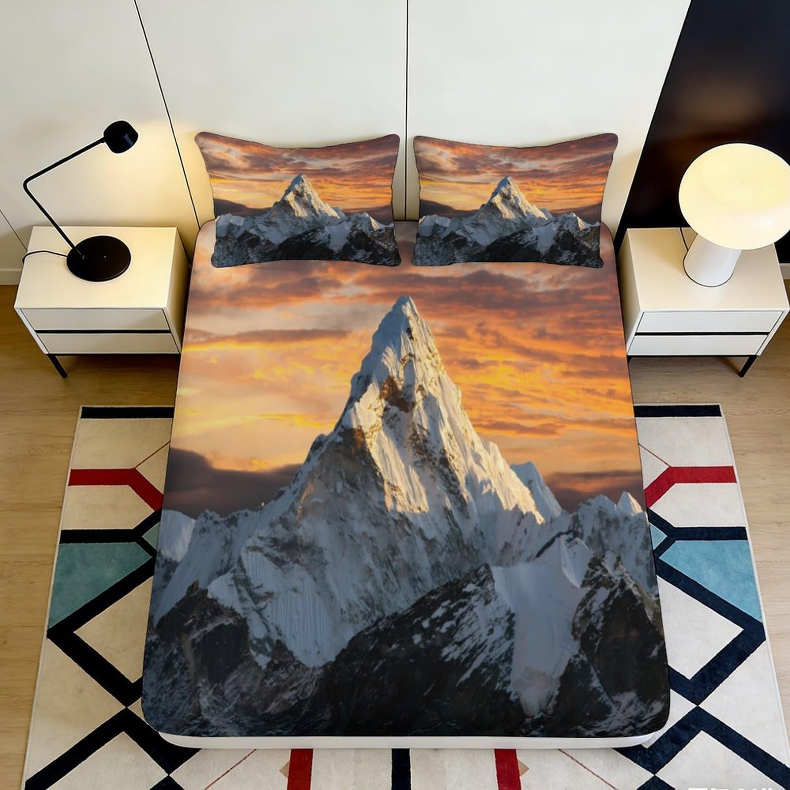 3D Printed Mountain Sunset Fitted Sheet Microfiber Durable Soft Bed Cover with 3D Landscape Print Mattress Cover for Bedroom Dormitory Guest Room 180x200x25cm