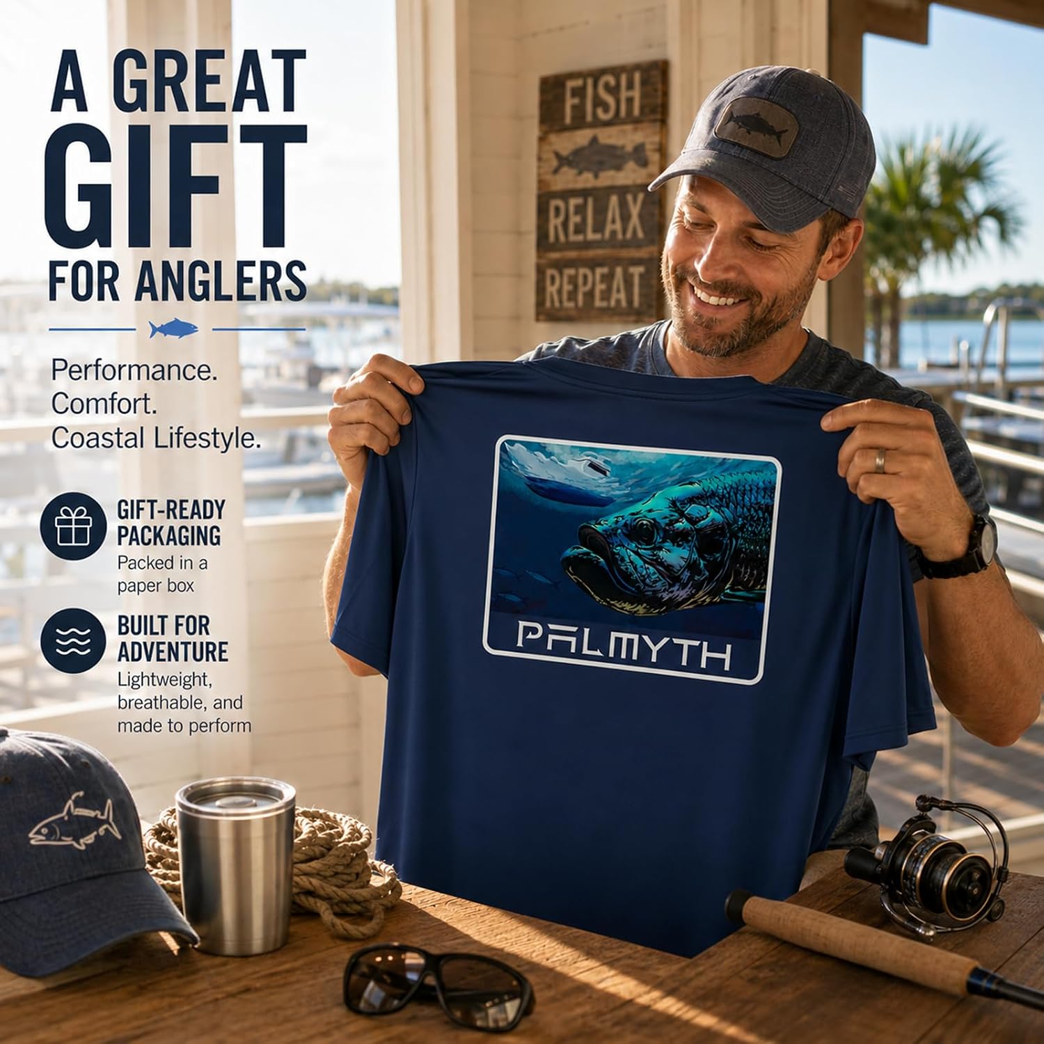 Palmyth Men's Fishing Shirt Short Sleeve Sun Protection UV UPF 50+ SPF T-Shirt