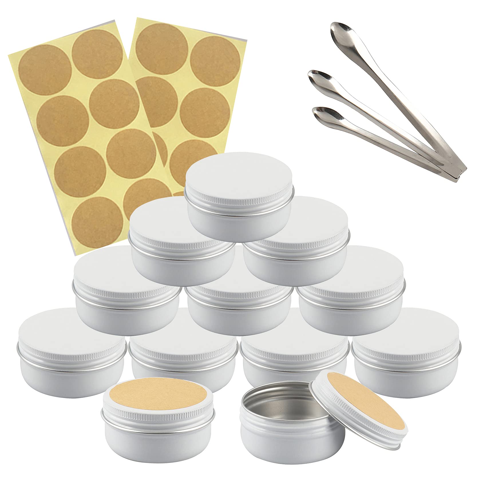 Tianzd White 50 Pieces 60 Ml Empty Round Aluminum Tin Jars With Screw Lids Cosmetics Lip Balm Containers Pots For Diy Candle Salve Salt Powder Crafts Storage Cans With 3X Spoon, 50X Labels