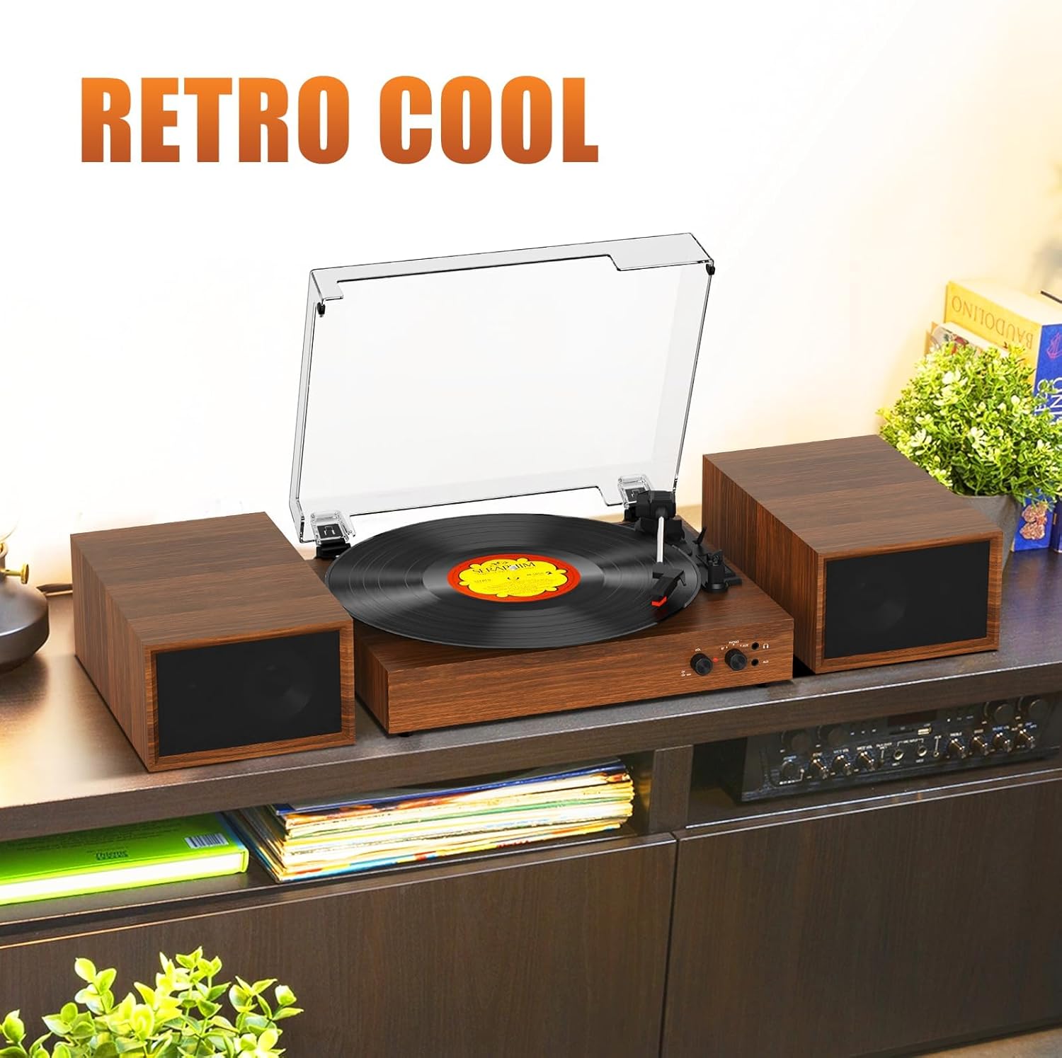 Record Player for Vinyl with External Speakers, Bluetooth 3 Speed Vintage Belt-Driven 33 45 78 RPM Turntable with Stereo Speakers, MP3 PC Recording, RCA Line-Out, AUX-in Headphone Out, Walnut