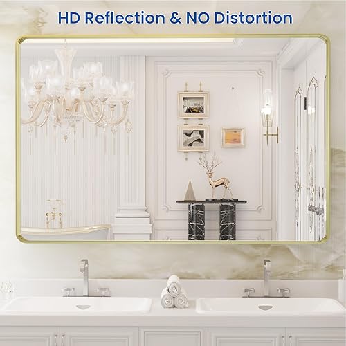 Miniatura 9 de WEER Espejo de baño dorado, 24 x 36 pulgadas, marco de metal dorado cepillado, espejo rectangular redondeado de baño dorado para pared, vidrio