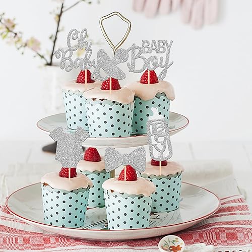 Miniatura 6 de Paquete de 24 adornos para cupcakes para bebés, niños y niñas, con purpurina para chupete, enterizo con lazo, revelación de género, para cupcakes,