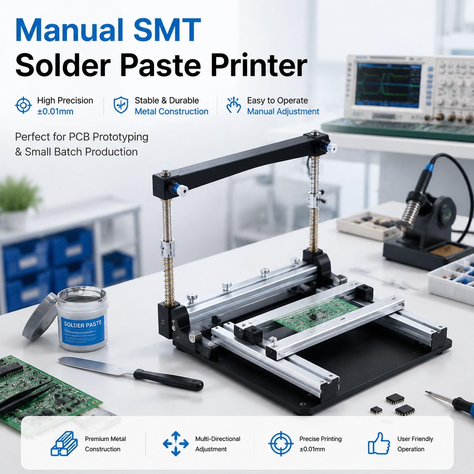 Troqullium Máquina de impresión de plantilla de PCB ajustable | Con construcción duradera de aleación de aluminio, for prototipos de placa de circuito y ensamblaje SMT(20cm)