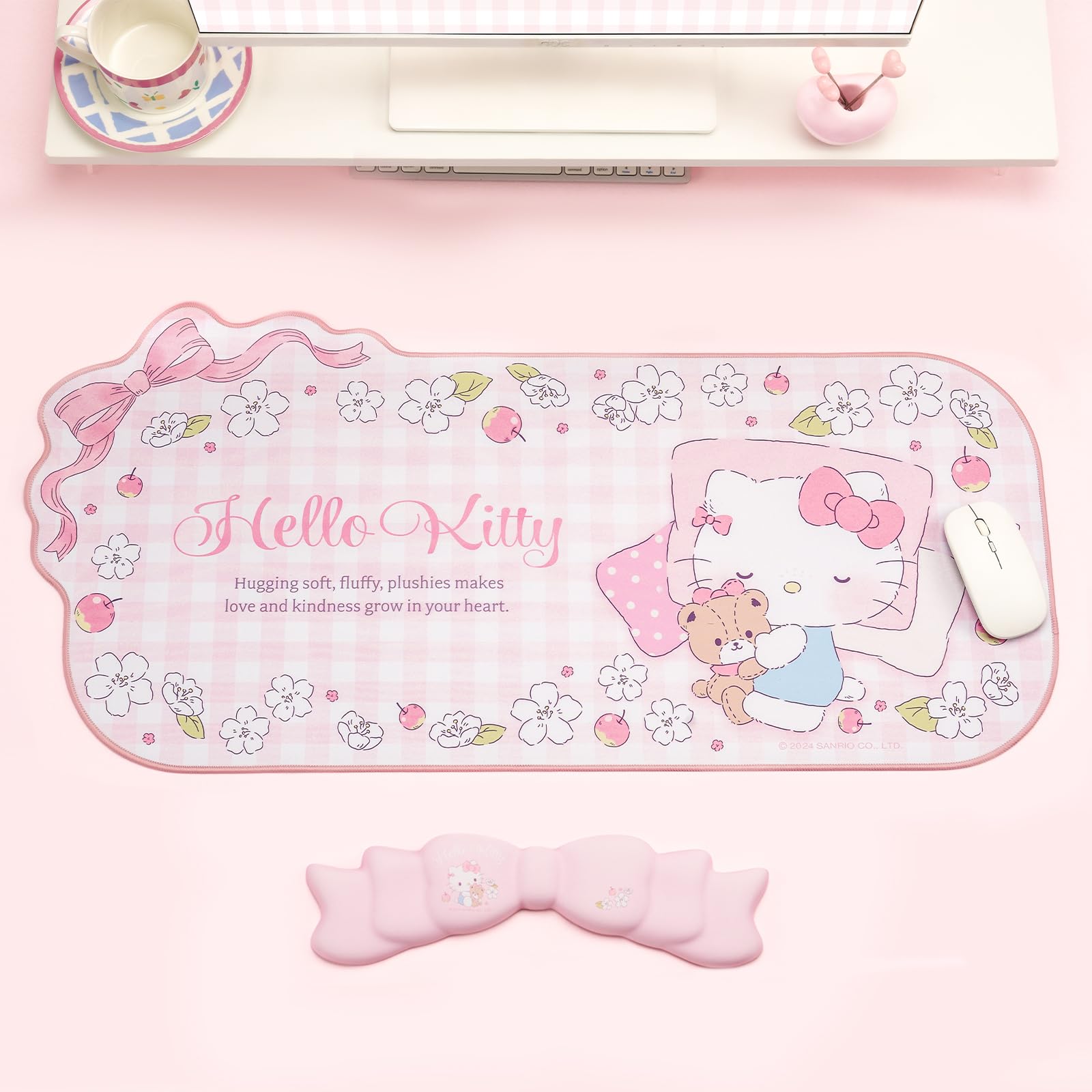 Set de Alfombrilla y Reposamuñecas Kuitmor Anime Kawaii - Alfombrilla de Escritorio Antideslizante con Reposamuñecas de Lazo y Espuma Viscoelástica para Teclado y Ratón, Ideal para Gaming y Oficina en