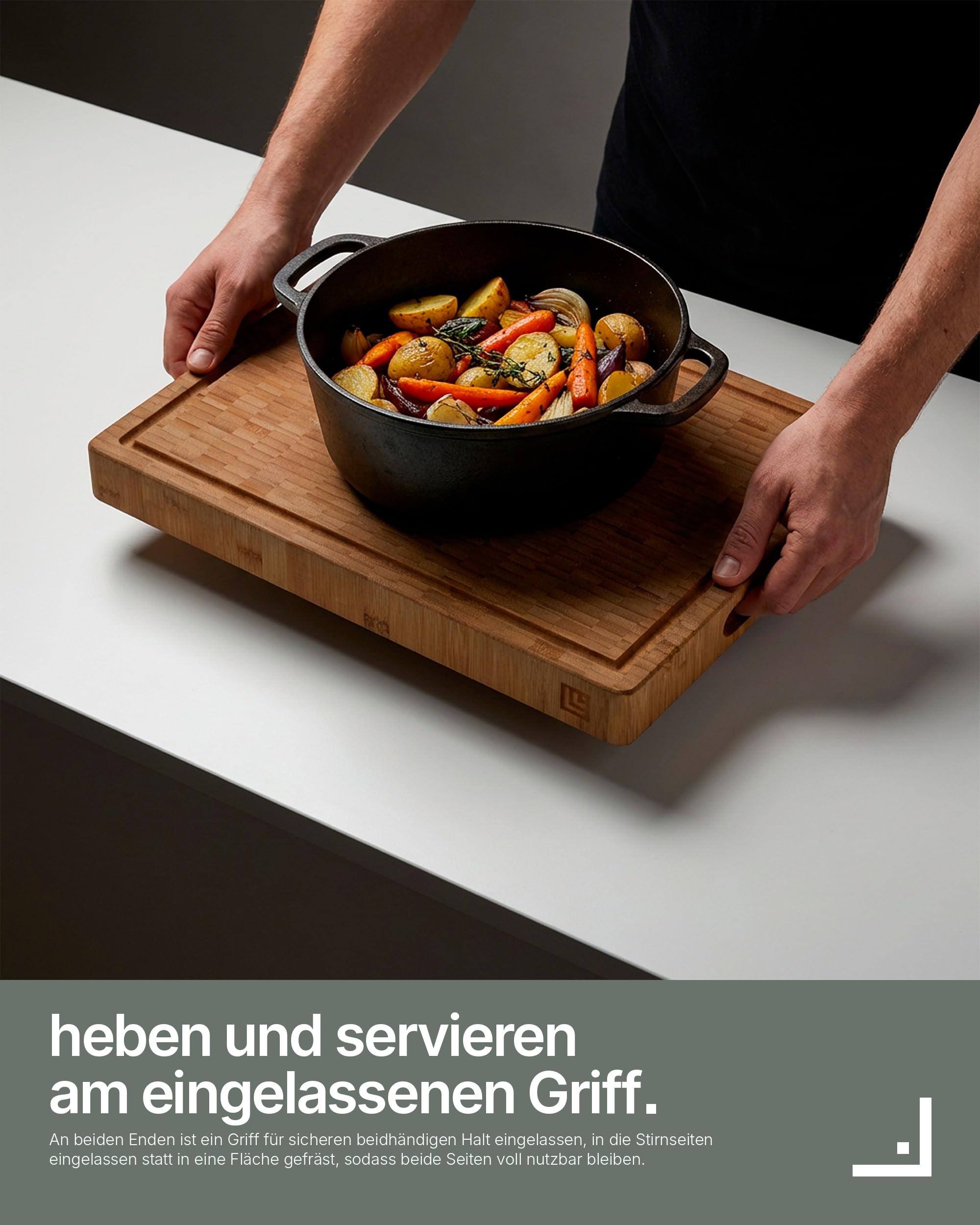 LARHN Stirnholz Hackblock Bambus massiv - 40x30x4 cm - Schneidebrett Holz | Messerschonend, Saftrille, Griff, vorgeölt, wendbar, plastikfrei, für Fleisch, Gemüse, Brot, Käse & Wurst