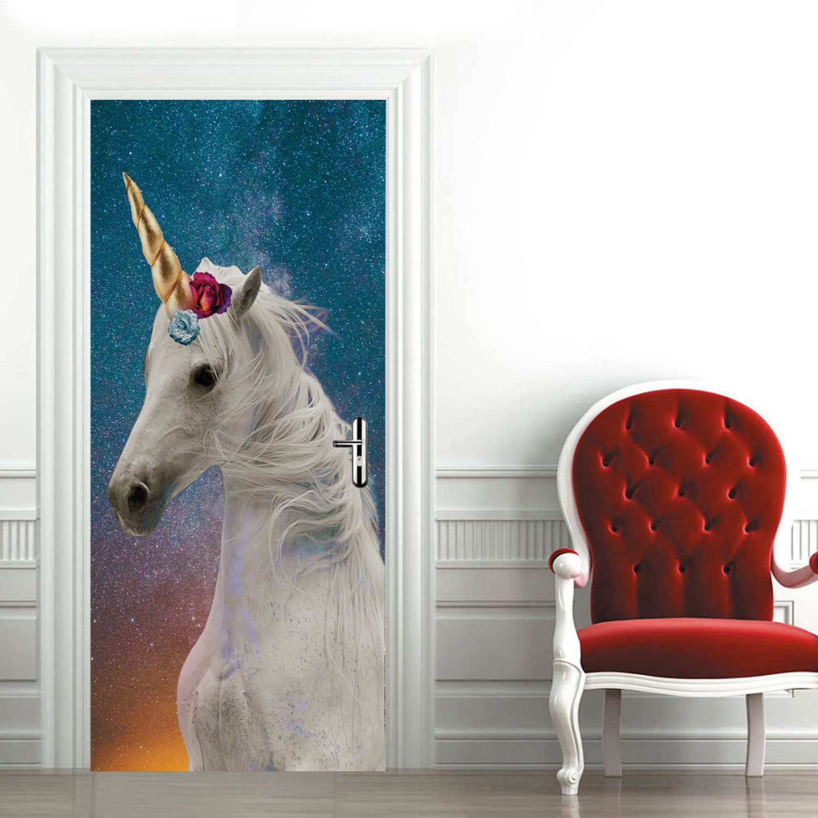 GSKBDQ Stickers Porte 3D 90X200Cm Papier Peint Animaux Chevaux Arbres Rivières Poster De Porte Trompe L'Oeil Pour Maison Décoration Salon Chambre Autocollant Muraux Imperméable Stickers Amovibles