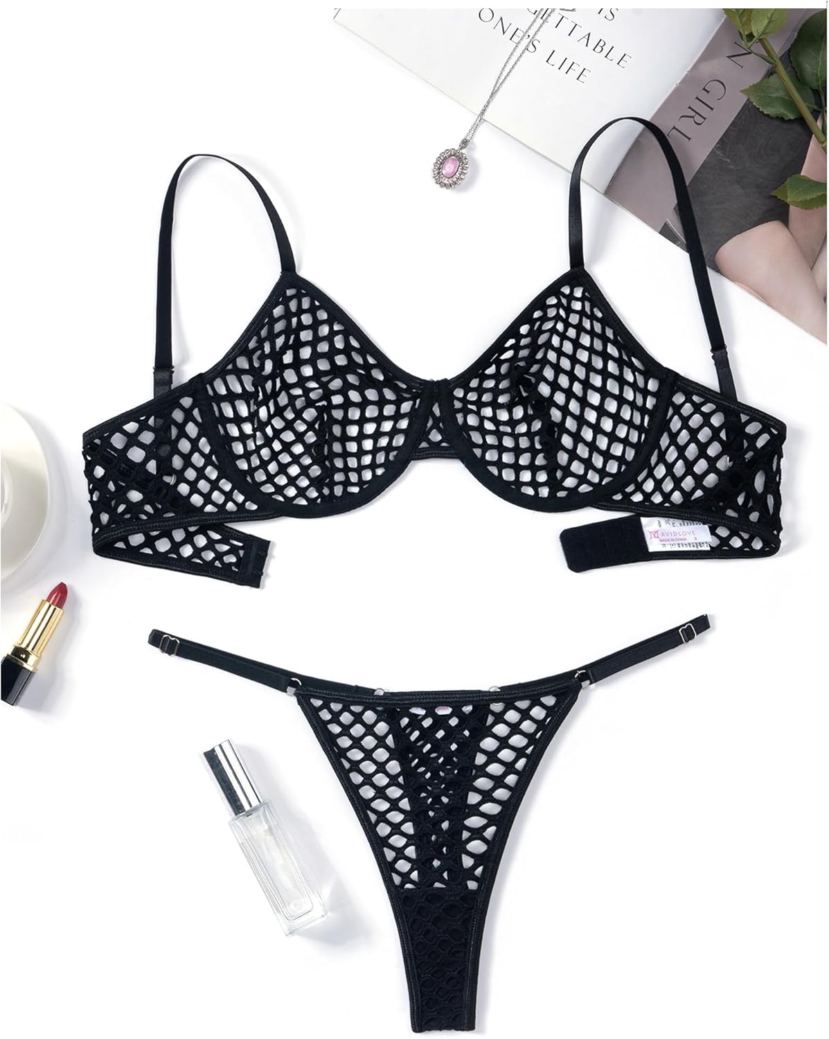 Avidlove Fishnet Lingerie Set Hollow Out Push Up Bra and Sheer Thong Women's Sexy Lingerie Underwear 2 Piece - Image 2