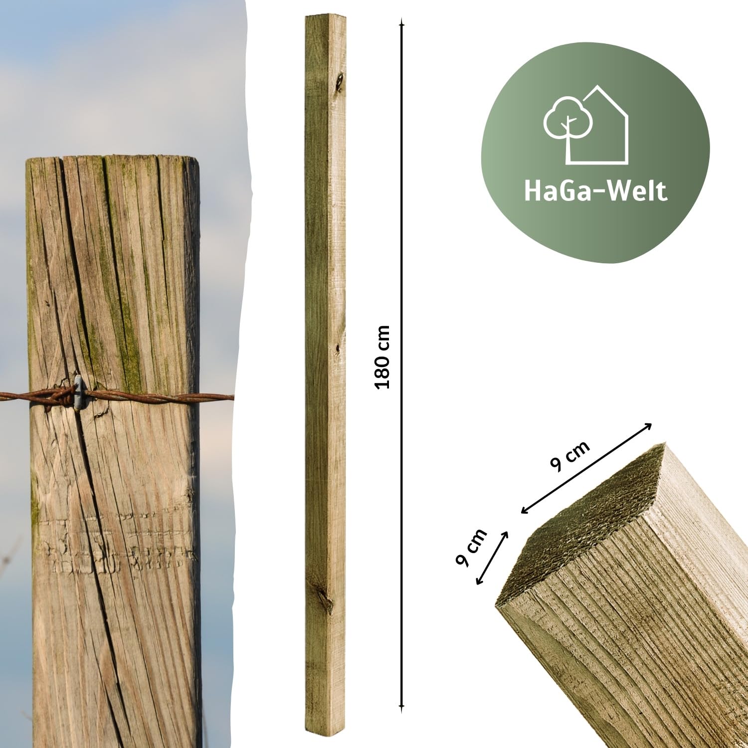 HaGa - Postes de madera, 9 x 9 cm, altura 180 cm, 10 piezas, para la construcción de cercas, madera de pino impregnada a presión, ideal como valla de jardín o valla para perros