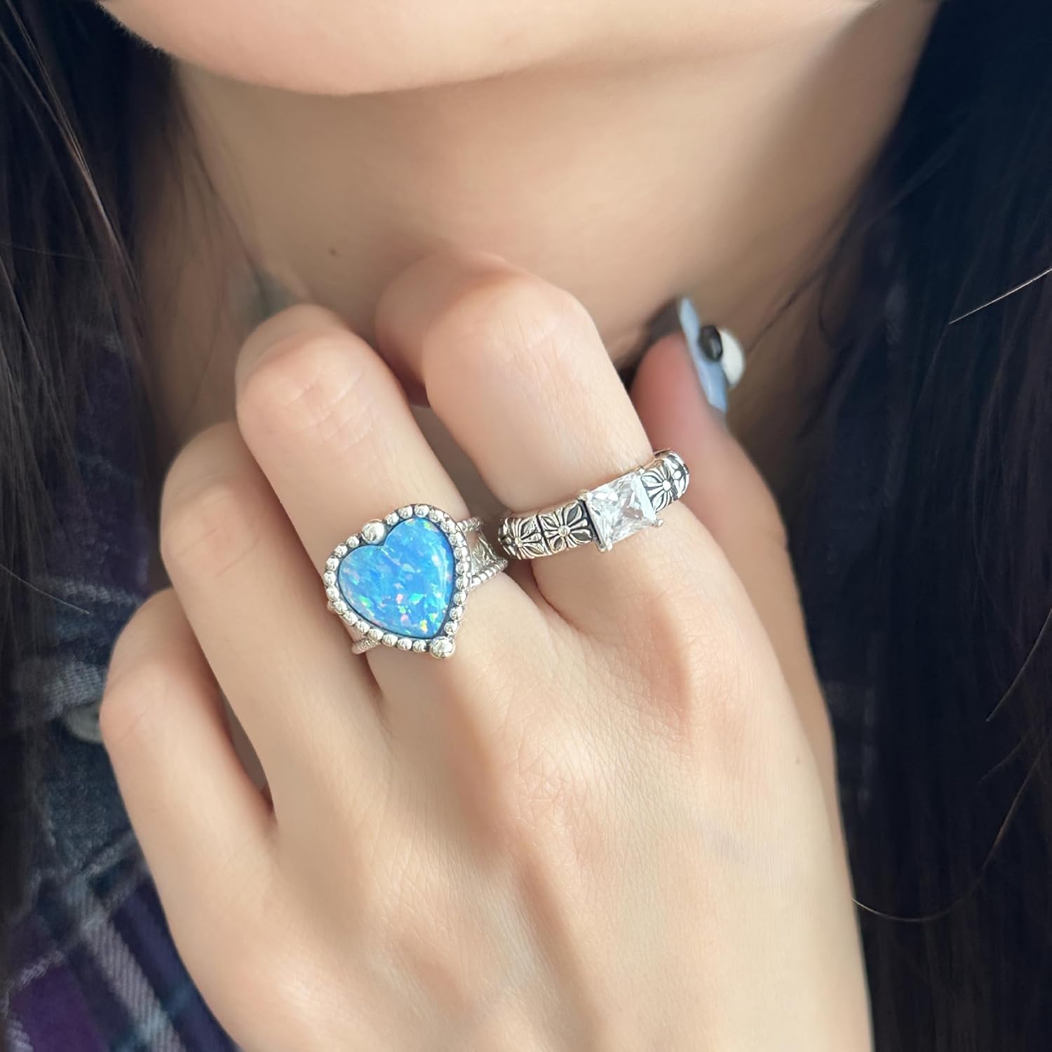 Blue Opal Heart Statement Open Ring Shiny Love Hearted Birthstone Gem Adjustable Open Stacking Finger Rings Comfort Fit Dainty Wedding Engagement Promise Bands Birthday Jewelry for Women Her Daughter - Image 2