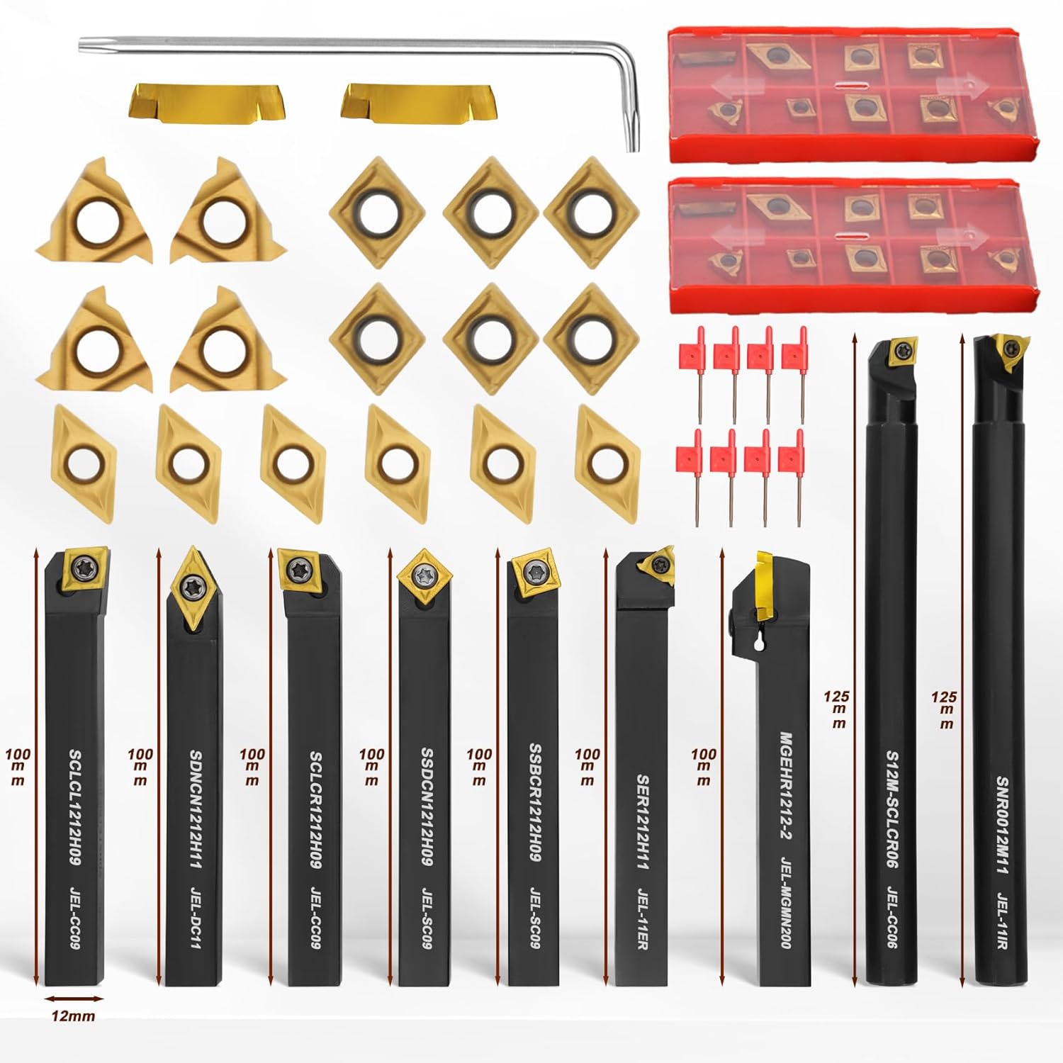 Indexable Lathe Turning Tool 27Pcs Kit 1/2'' 12mm Shank, 9Pcs Metal Lathe Tools Holder Set with 18Pcs Inserts, for Turning Grooving Threading Boring, lathe tooling with reverse tool design