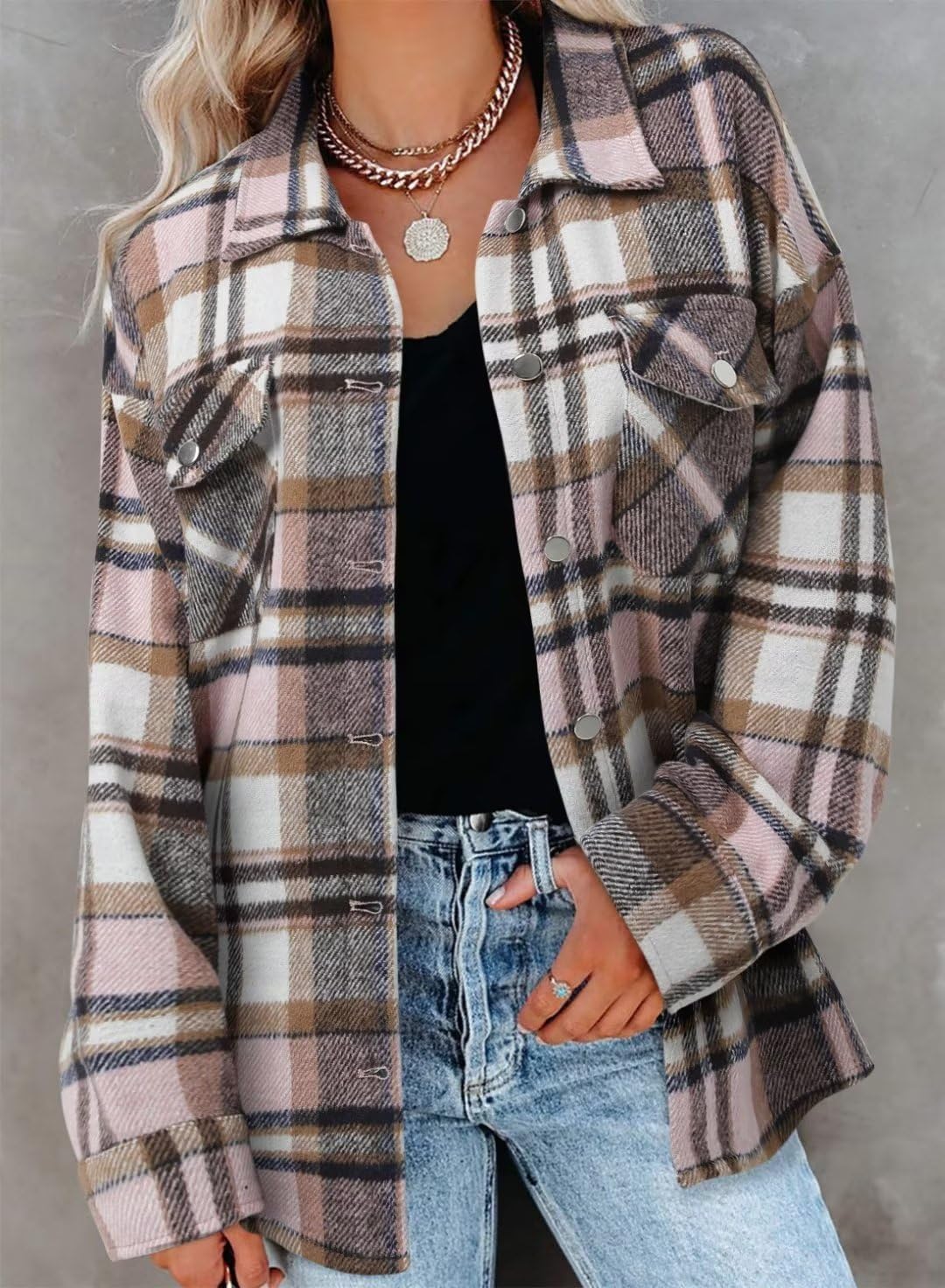 ZOLUCKY Womens Shackets Jacket Plus Size Long Sleeve Button Down Shirts Blouses Tops