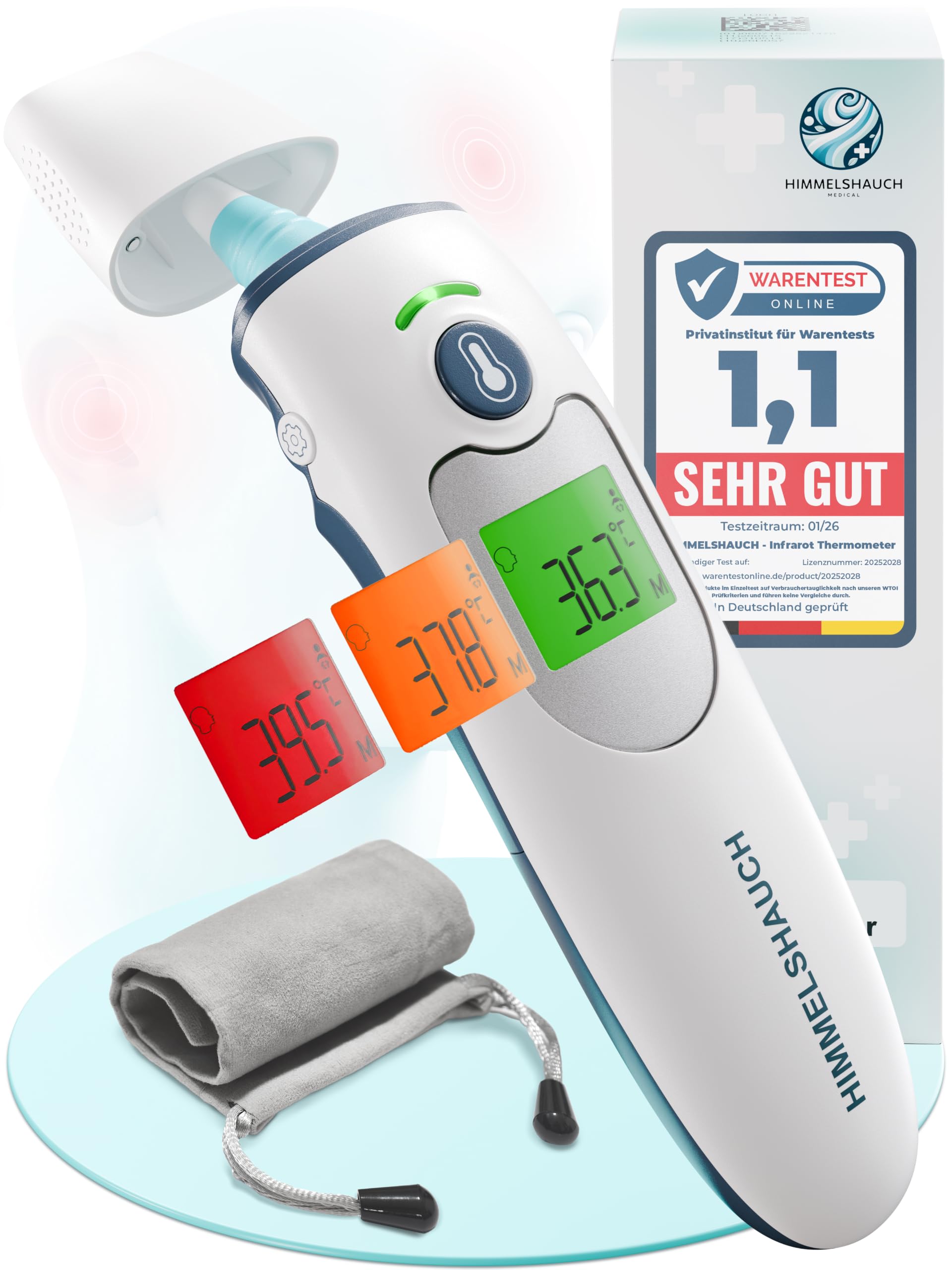 HIMMELSHAUCH MEDICAL Fieberthermometer Ohr & Stirn | 3 in 1 Messgerät | Ohrthermometer Babys Kinder & Erwachsene | Stirnthermometer kontaktlos | Digitales Fieber-Thermometer | Infrarot Fiebermesser