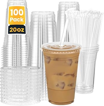 PrettyCare 100Pcs 20 oz Plastic Cups With Lids and Straws, Disposable Clear Plastic Cups With Lids for Iced Coffee, Cold Drinks, Smoothie and Milkshake, Ideal for Home Party Cateing & Small Bussiness