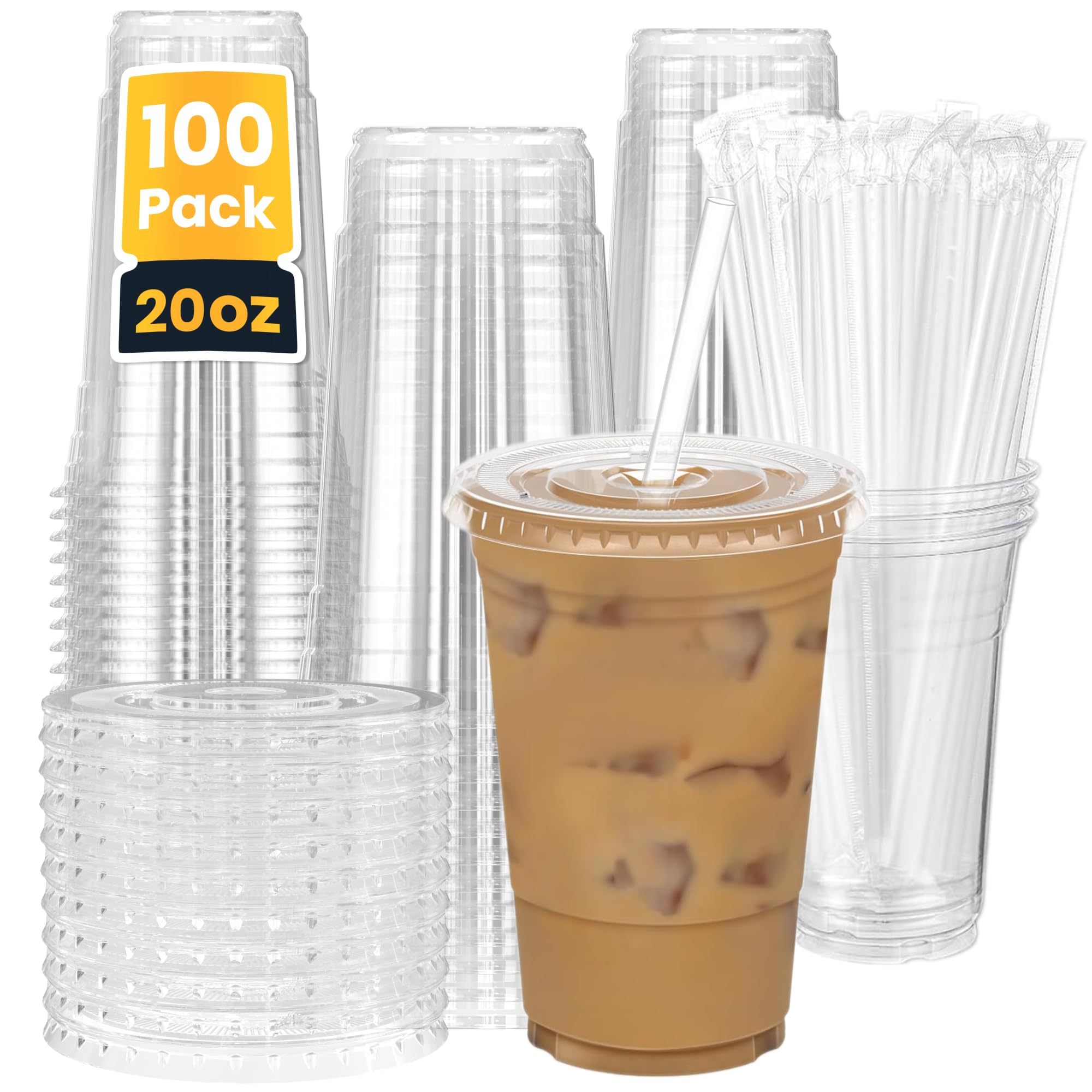 Amazon.com: PrettyCare 100Pcs 20 oz Plastic Cups With Lids and Straws,  Disposable Clear Plastic Cups With Lids for Iced Coffee, Cold Drinks,  Smoothie and Milkshake, Ideal for Home Party Cateing & Small