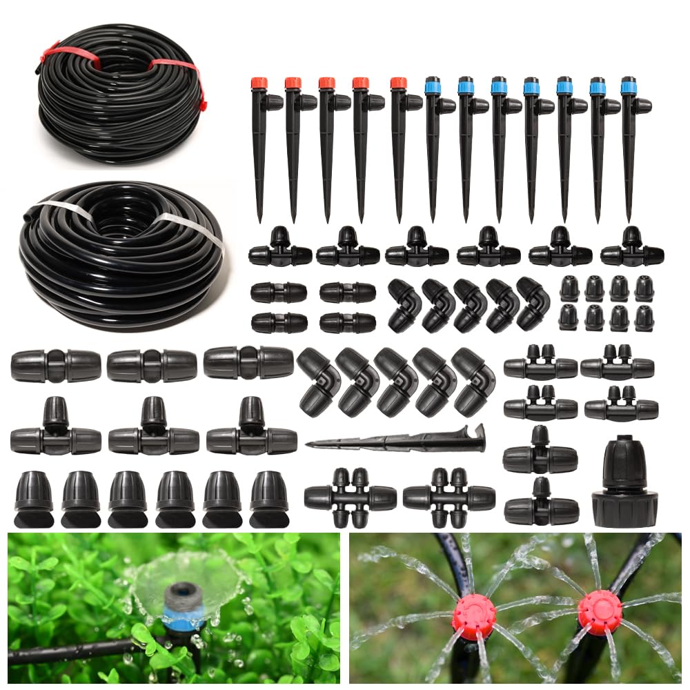 100Ft Drip Irrigation System Kit with 1/4 Inch 5/16 Inch Irrigation Tubing Hose Watering Kit Locked Fittings 360 Degree Micro Drip Sprayer Automatic Irrigation Equipment for Small Farm, Raised Bed