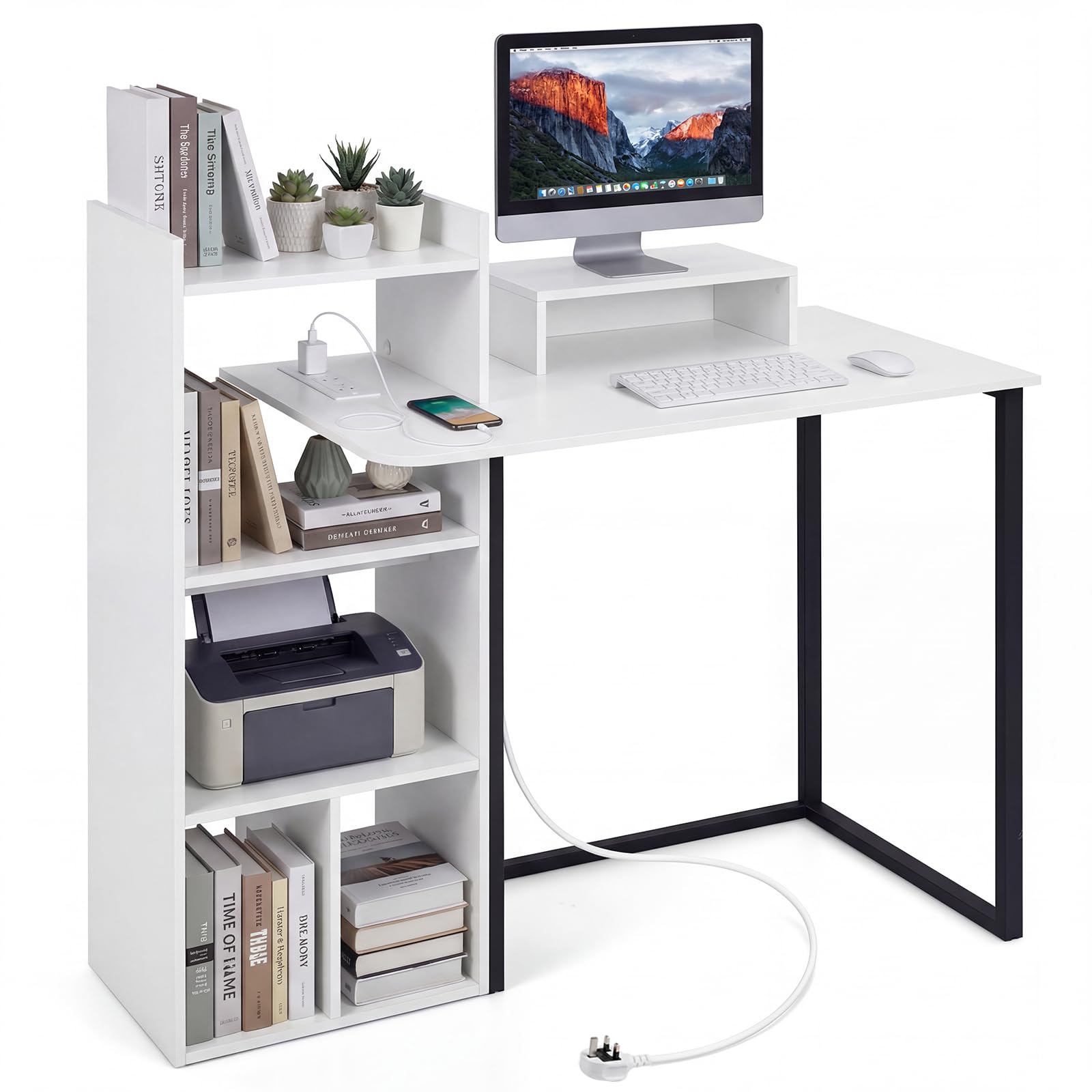COSTWAY Computer Desk with Storage Shelves, 110CM PC Laptop Table Writing Workstation with Charging Station & Ergonomic Monitor Stand, Modern Compact Working Gaming Study Desk for Home Office (White)