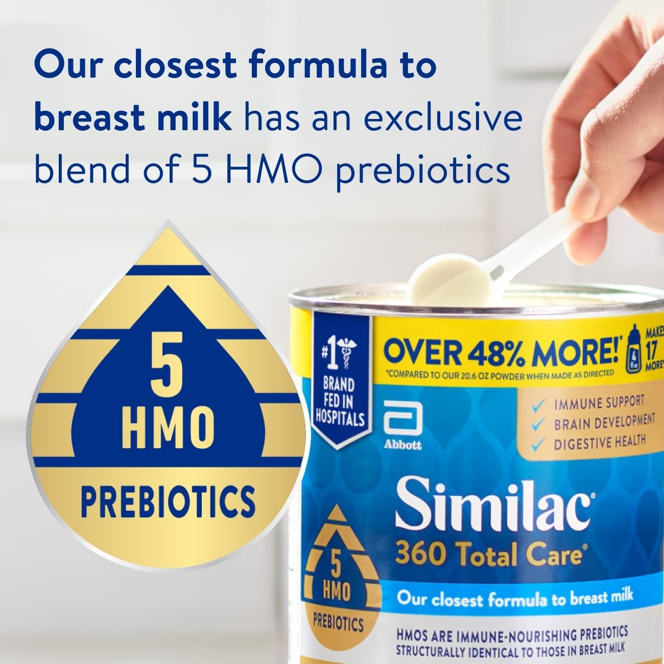 Similac 360 Total Care Infant Formula, Has 5 HMO Prebiotics, Our Closest Prebiotic Blend to Breast Milk, Non-GMO, Baby Formula Powder, 30.8-oz Value Can