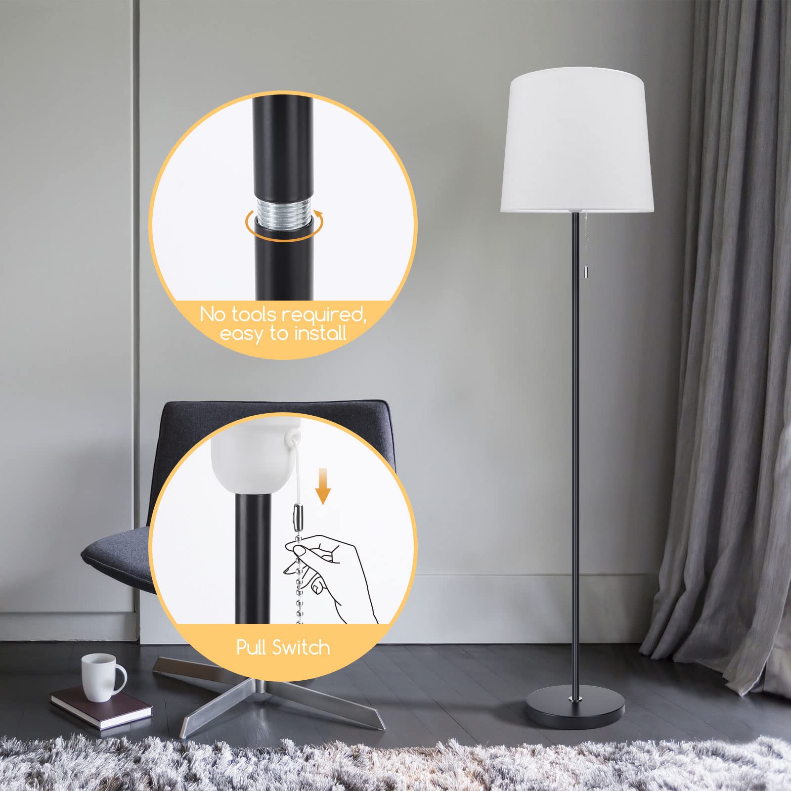 Aigostar Stehlampe mit Pendelschalter， E27 Fassung mit Weiß Lampenschirm， Stehleuchte mit Metallsockel， Moderne Vintage Standleuchten Leselampe für Wohnzimmer， Schlafzimmer