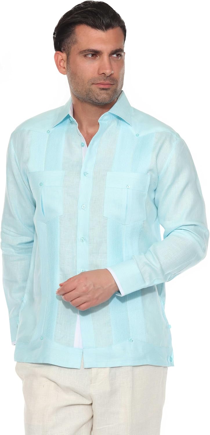 Mojito Men’s 100% Linen Long Sleeve Guayabera – Contrast Panel & Tonal Pleats