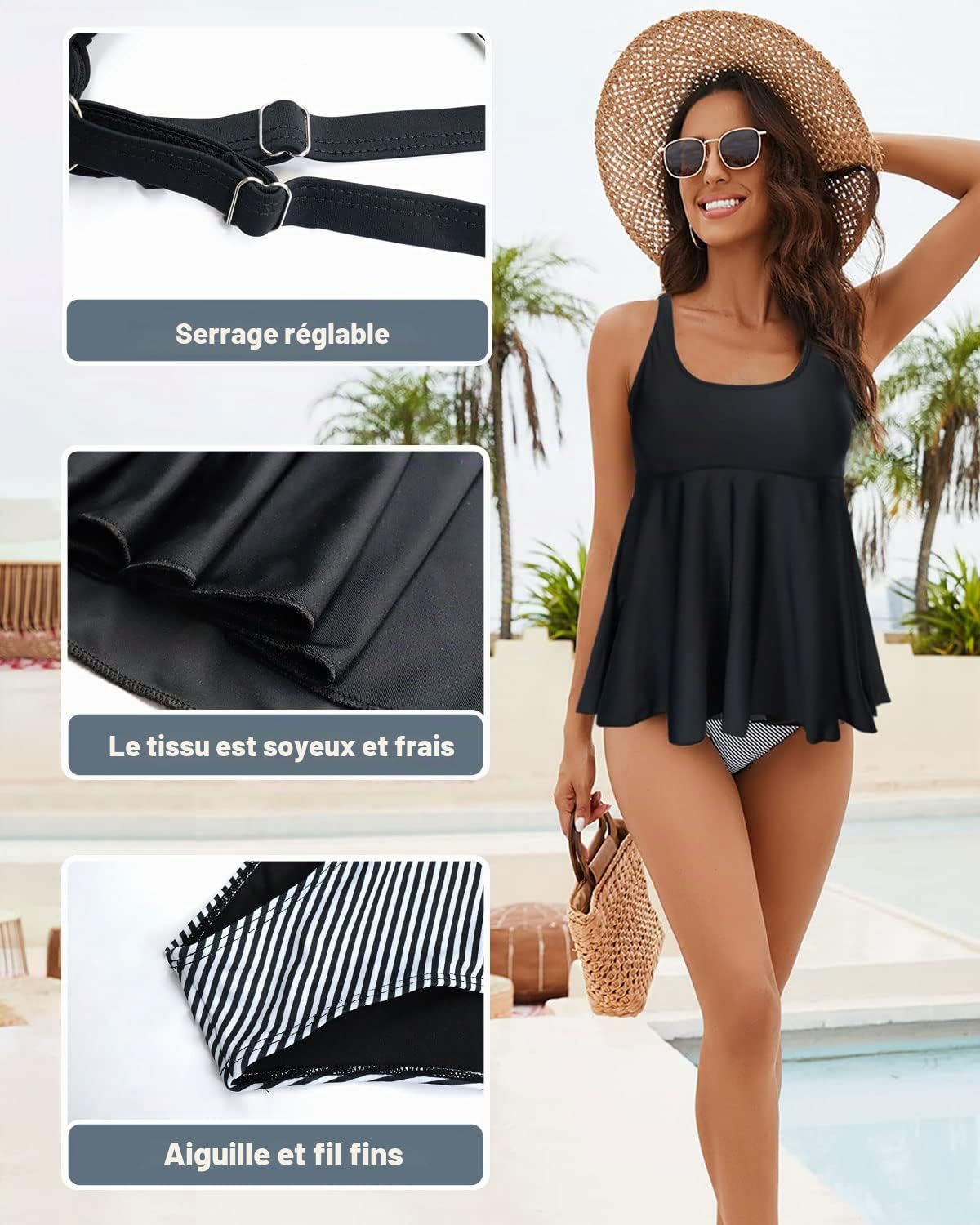 JFAN Maillot de Bain Femme 2 Pieces Tankini à Volants Haut Tankini et Bas Maillots Ventre Plat