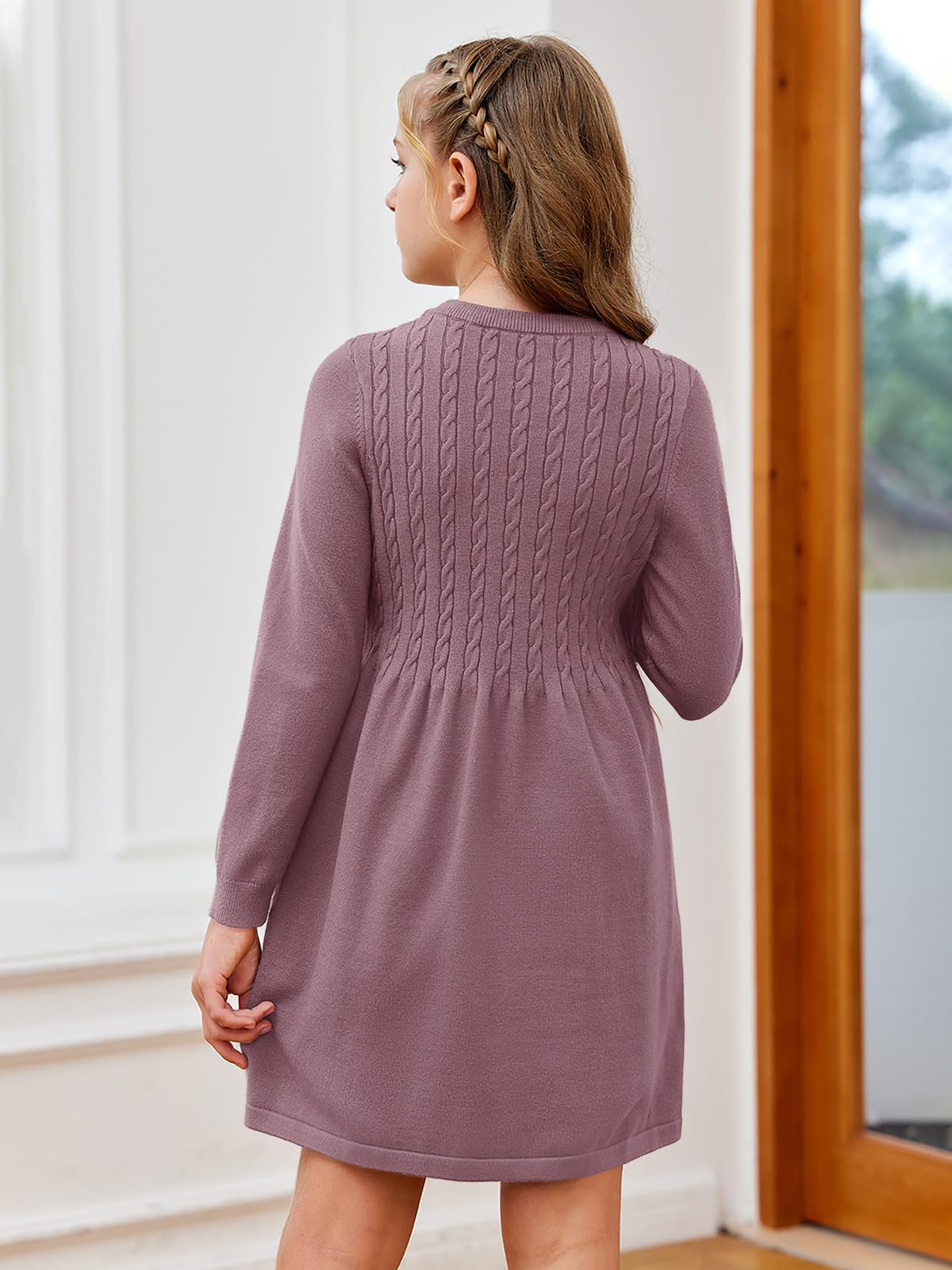 Purple Cute Dress Sweaters Girls Sweater Dress Kids Crew Neck Long