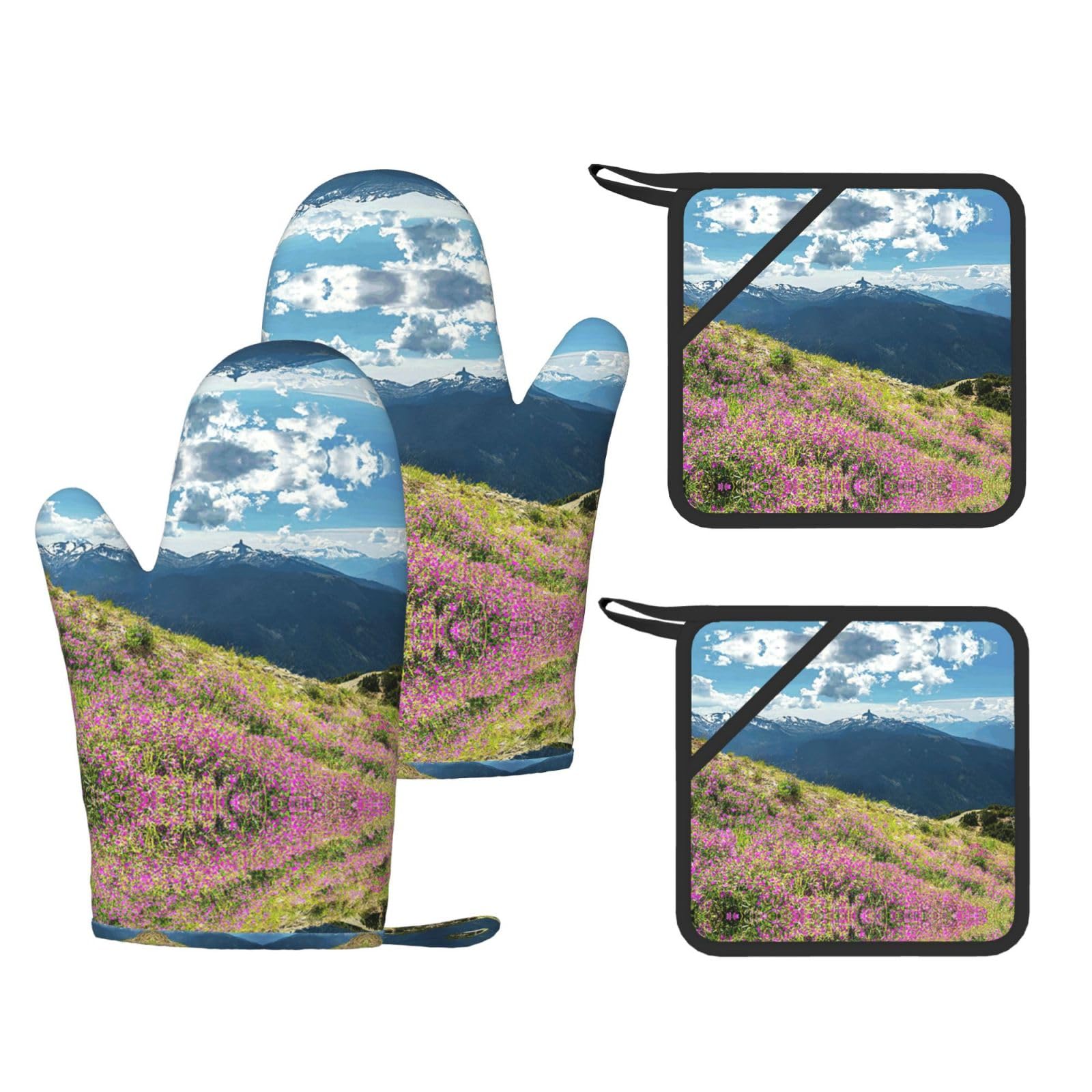 Mountains Printed Cooking Mitts and Pot Holders 4 Pcs, Heat Resistant Oven Gloves with Hanging Loop Chef